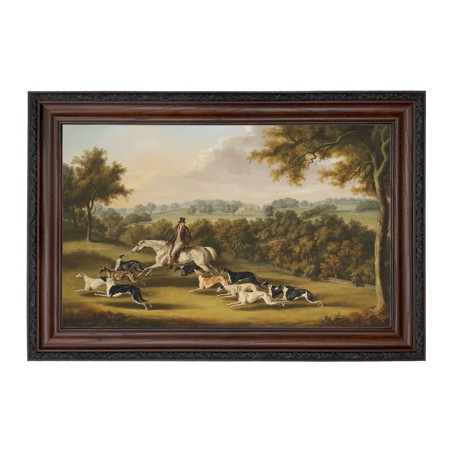 Horse & Hunter with Greyhounds by William Davis | Wall decor: Gold Florentine Leaf / 7″ x 11″