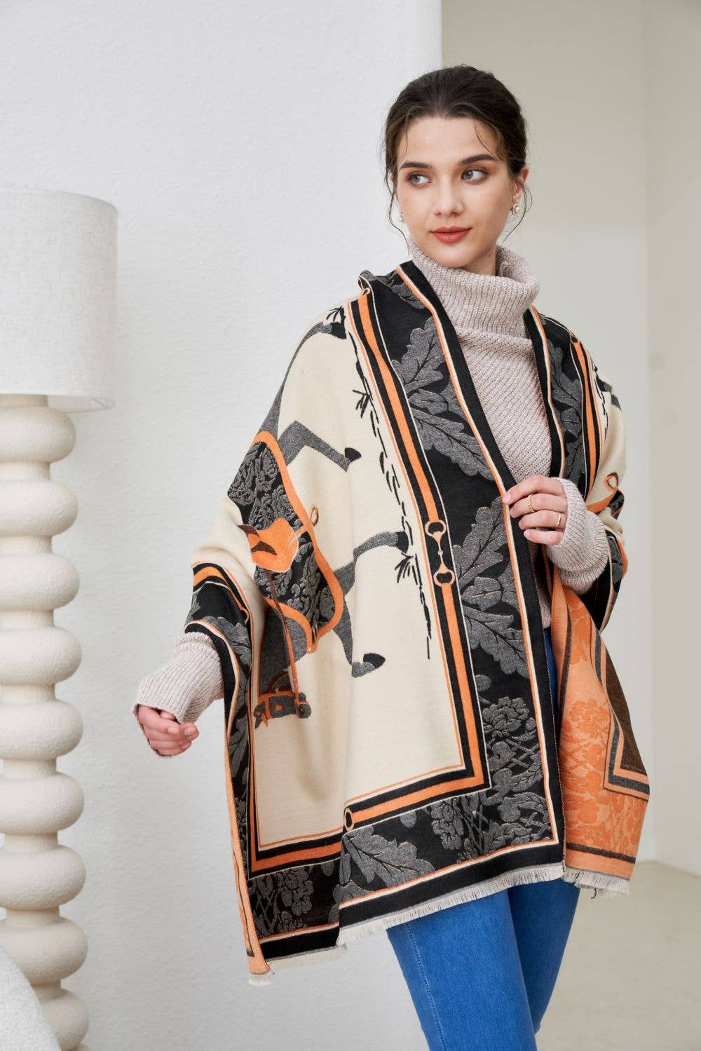 AWST Int'l Baroque Horses Acrylic Cashmere Scarf: Black