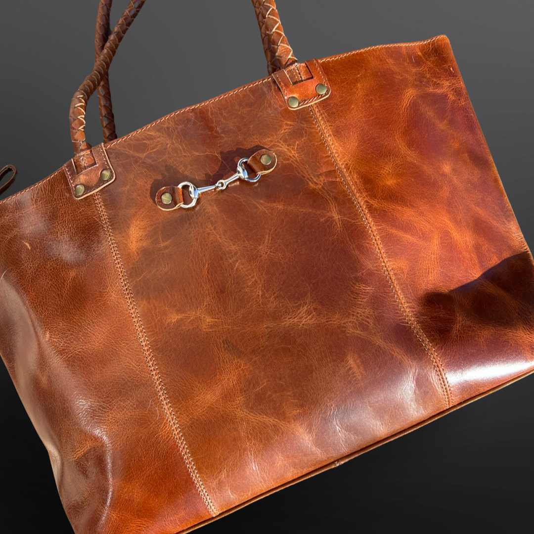 Equestrian Snaffle Bit Newmarket Leather Tote Bag Purse: Distressed Oakbark