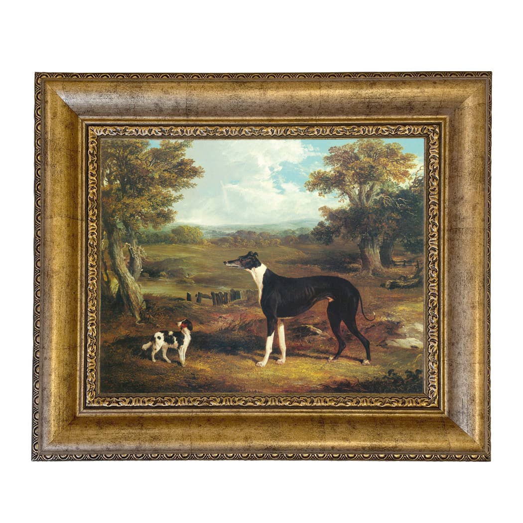 Greyhound and King Charles Spaniel Painting Print on Canvas: Wide Distressed Black/Copper-Bead / 5" x 6"