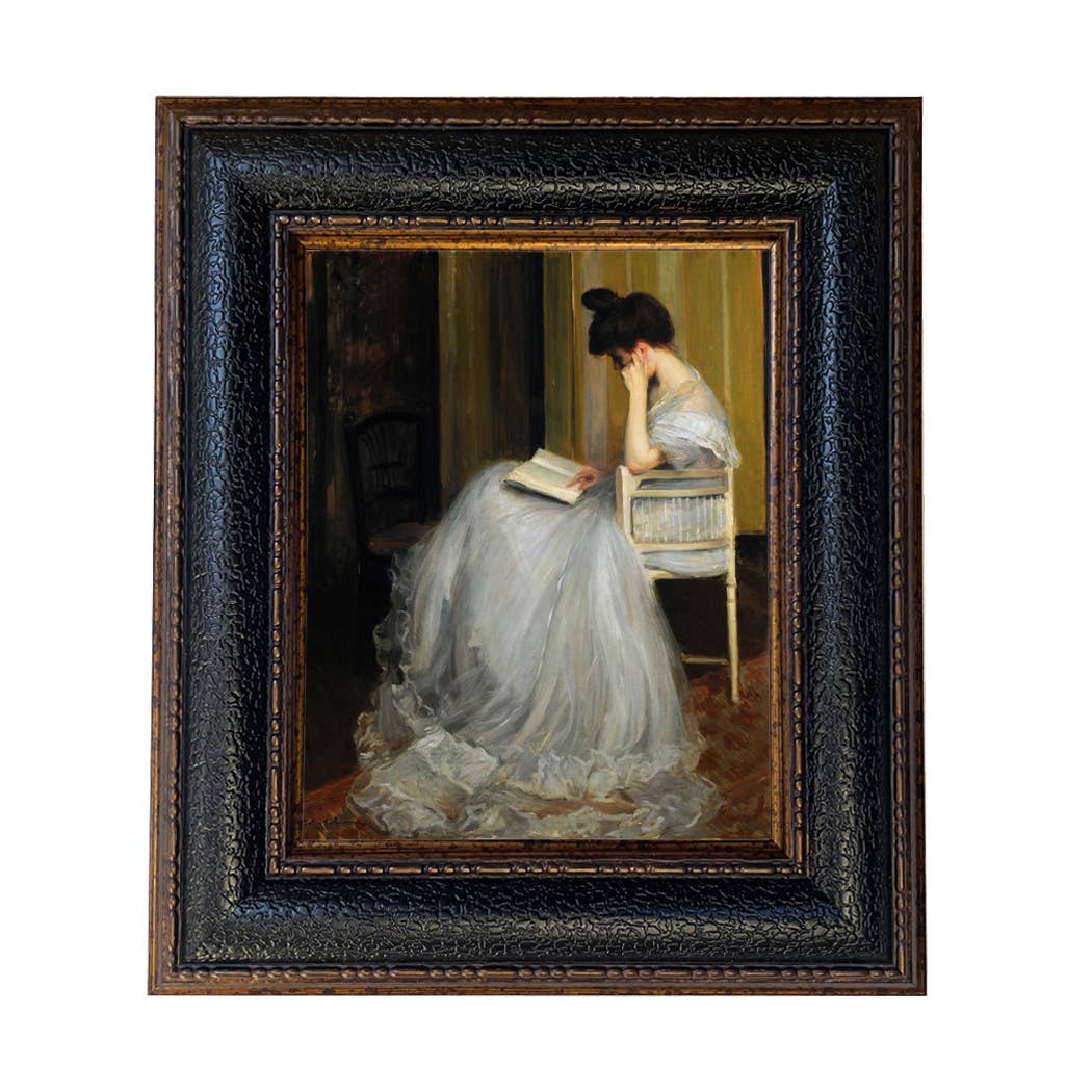 Woman Reading | Vintage Framed Painting Print on Canvas: Antiqued Gold / 5" x 6"