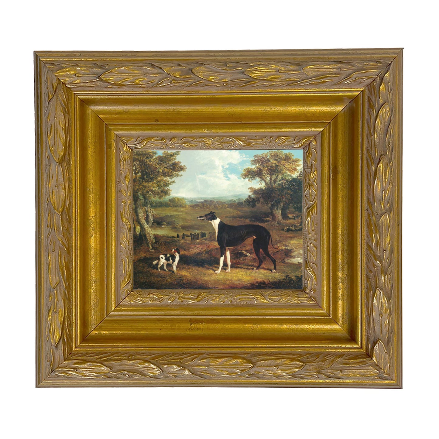 Greyhound and King Charles Spaniel Painting Print on Canvas: Wide Distressed Black/Copper-Bead / 5" x 6"