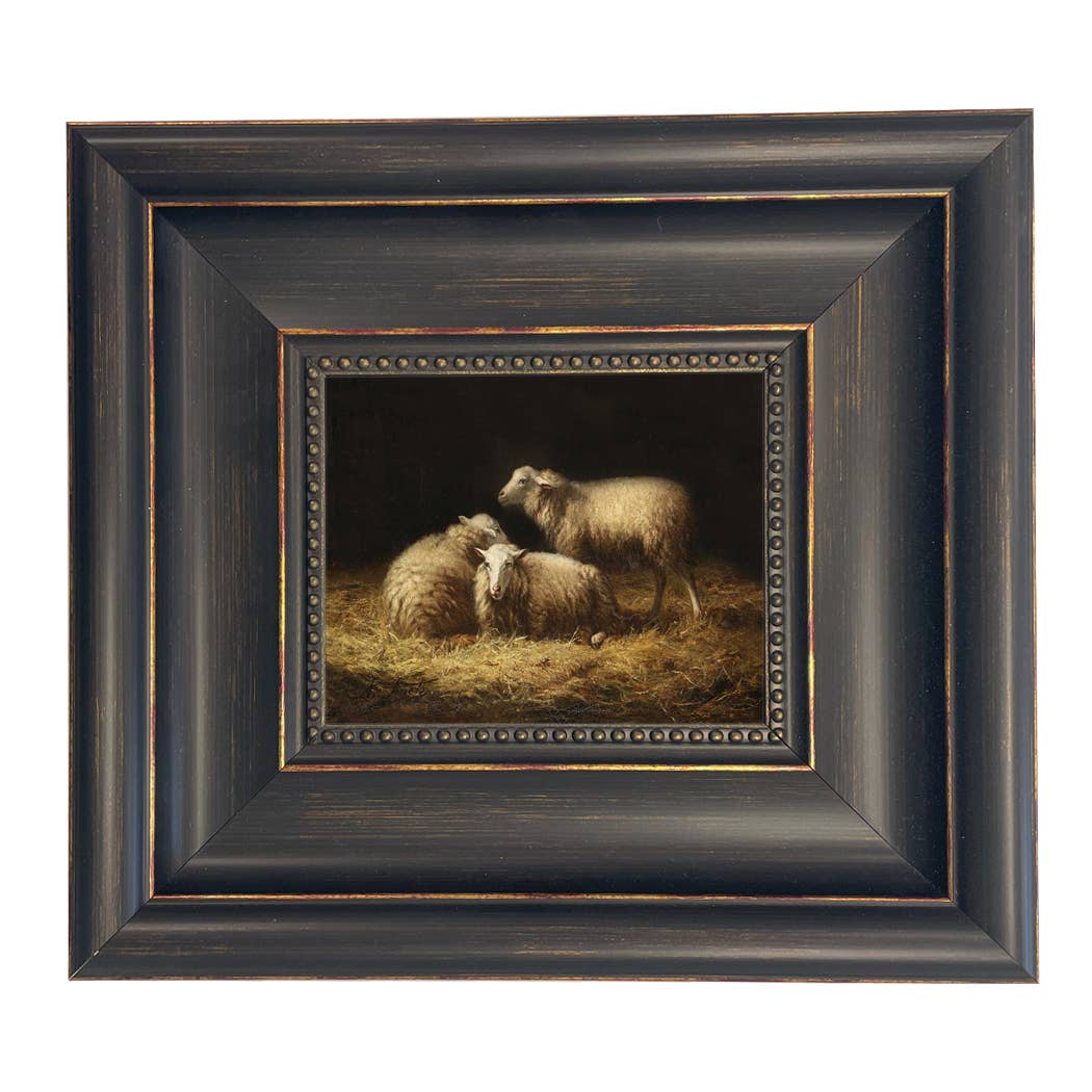Sheep in the Hay Framed Painting Print on Canvas: Black Distressed / 5" x 6"