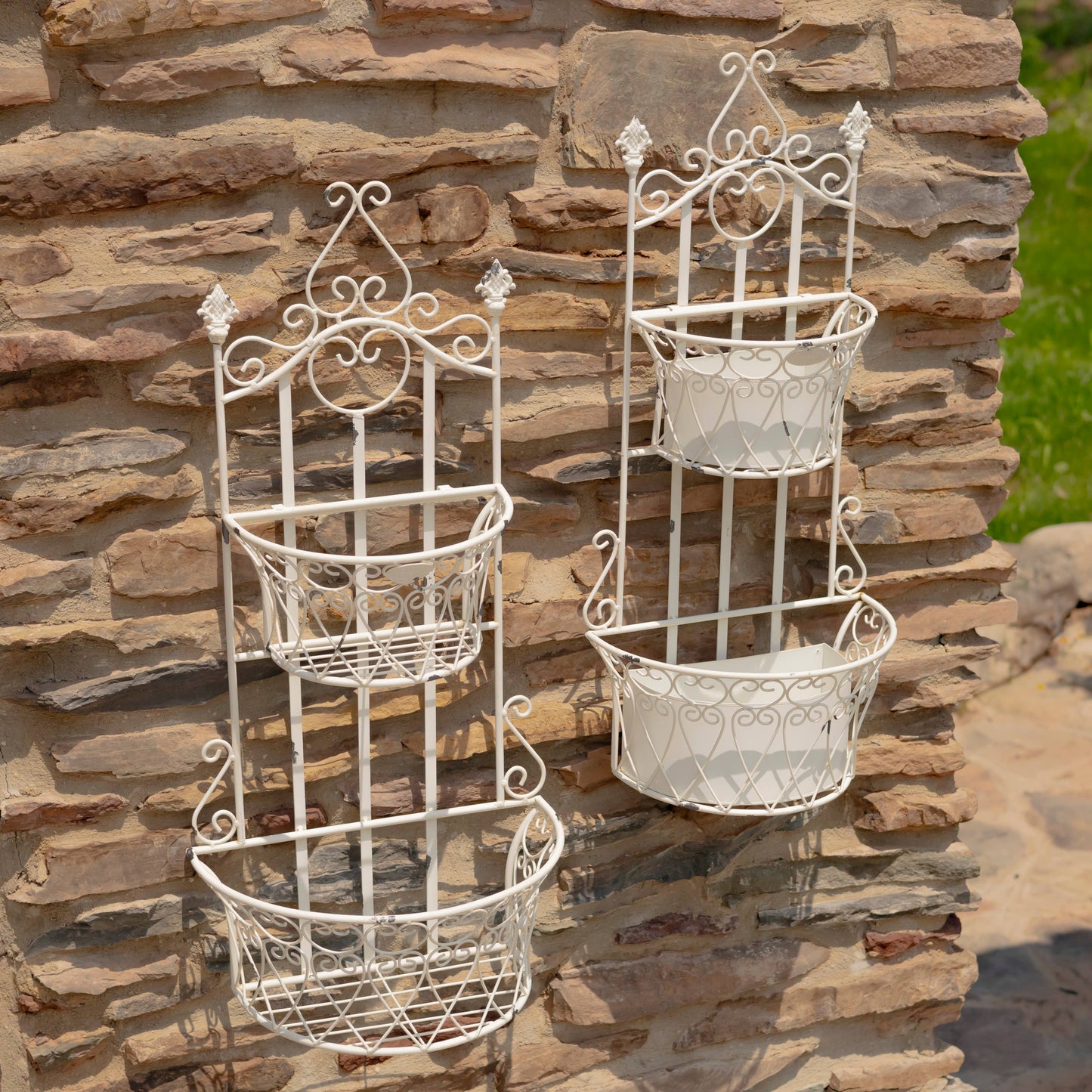 Dual Wall Hanging Planters with Removable Baskets: Antique White