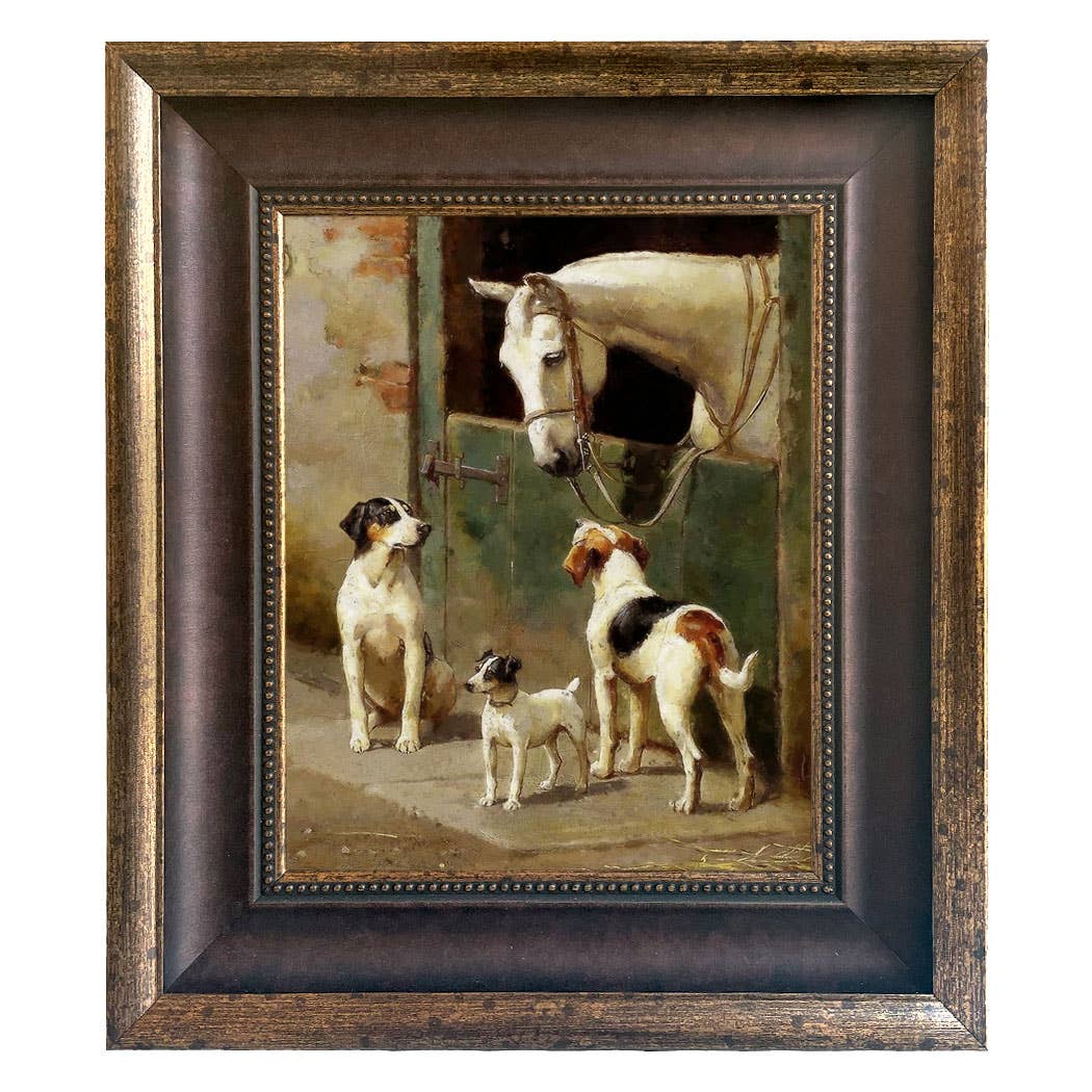 Dog and Horse at Stable Vintage Painting Print on Canvas: Leather-look Black/Antiqued Gold / 5" x 6"