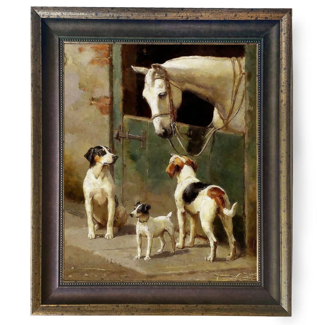 Dog and Horse at Stable Vintage Painting Print on Canvas: Wide Distressed Black/Copper-Bead / 8" x 10"