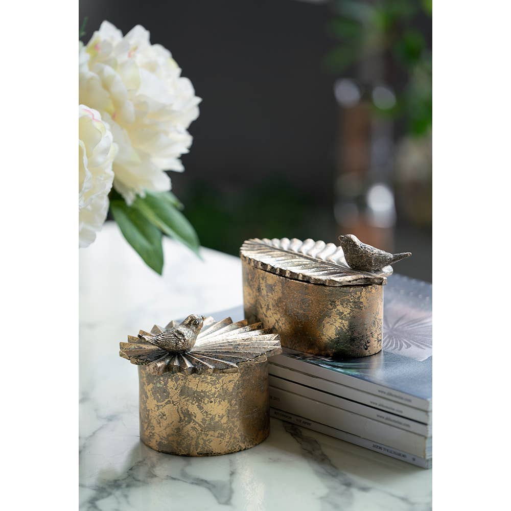 5x5x4" Resin Antique Gold Trinket Box with Bird Accents