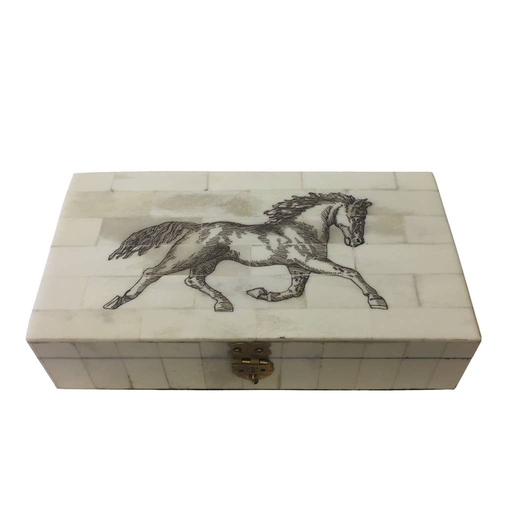 Horse Equestrian Engraved Bone Box, 6-1/4”