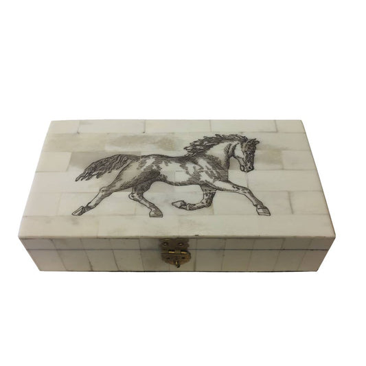 Horse Equestrian Engraved Bone Box, 6-1/4”