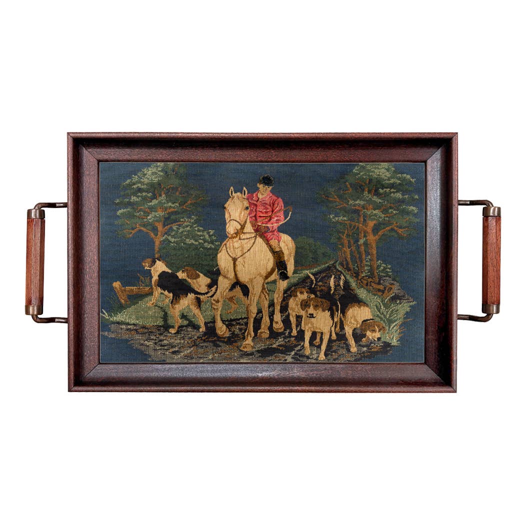 Fox Hunt Tapestry Wood and Glass Decorative Tray