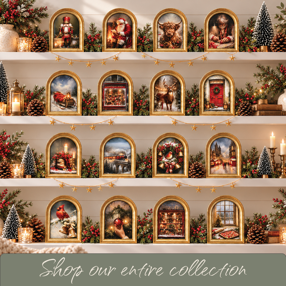 Gold Arch Framed Vintage Style Christmas Santa Art Print