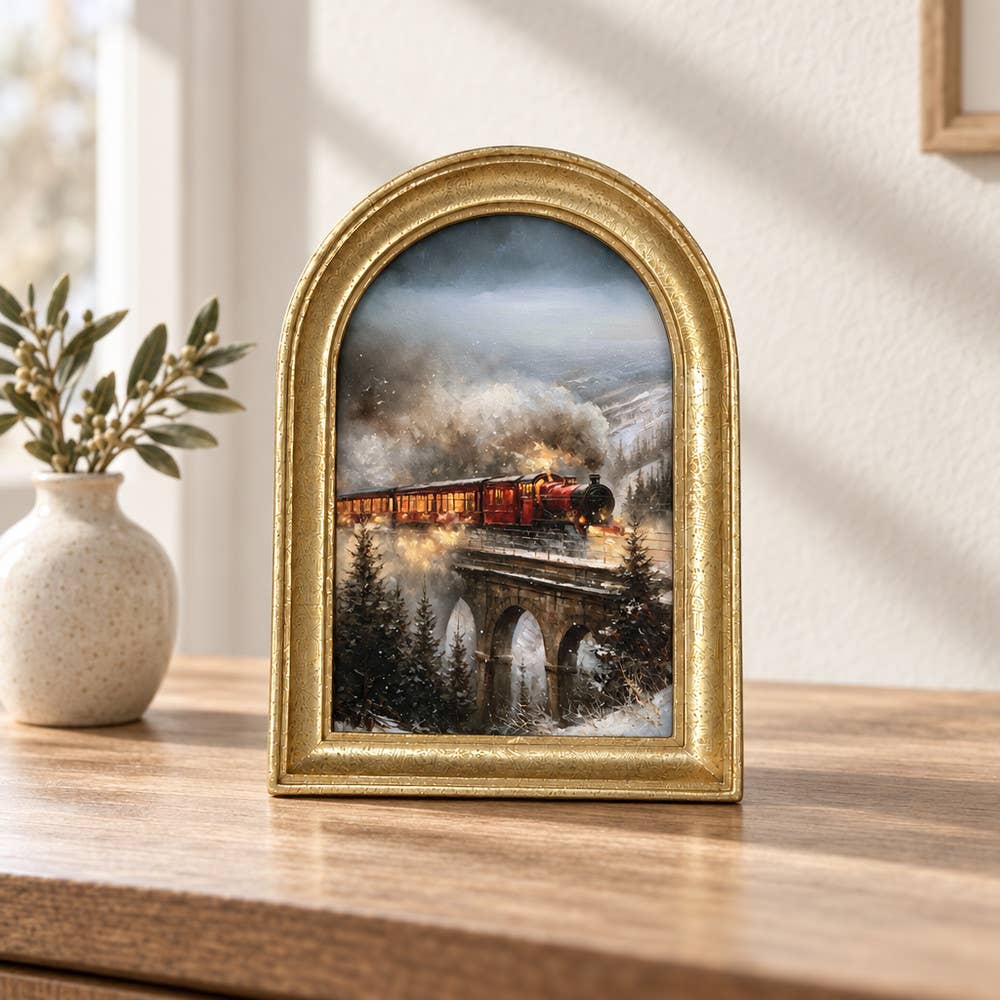 Gold Arch Framed Vintage Style Christmas Train Art Print