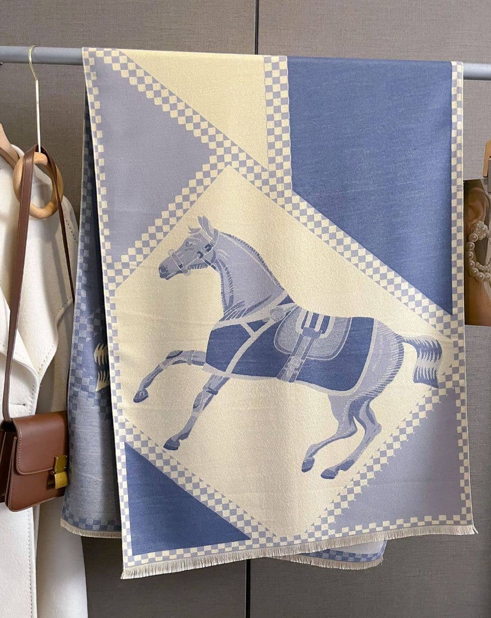 AWST Int'l Horses in Blankets Acrylic Cashmere Scarf: Blue