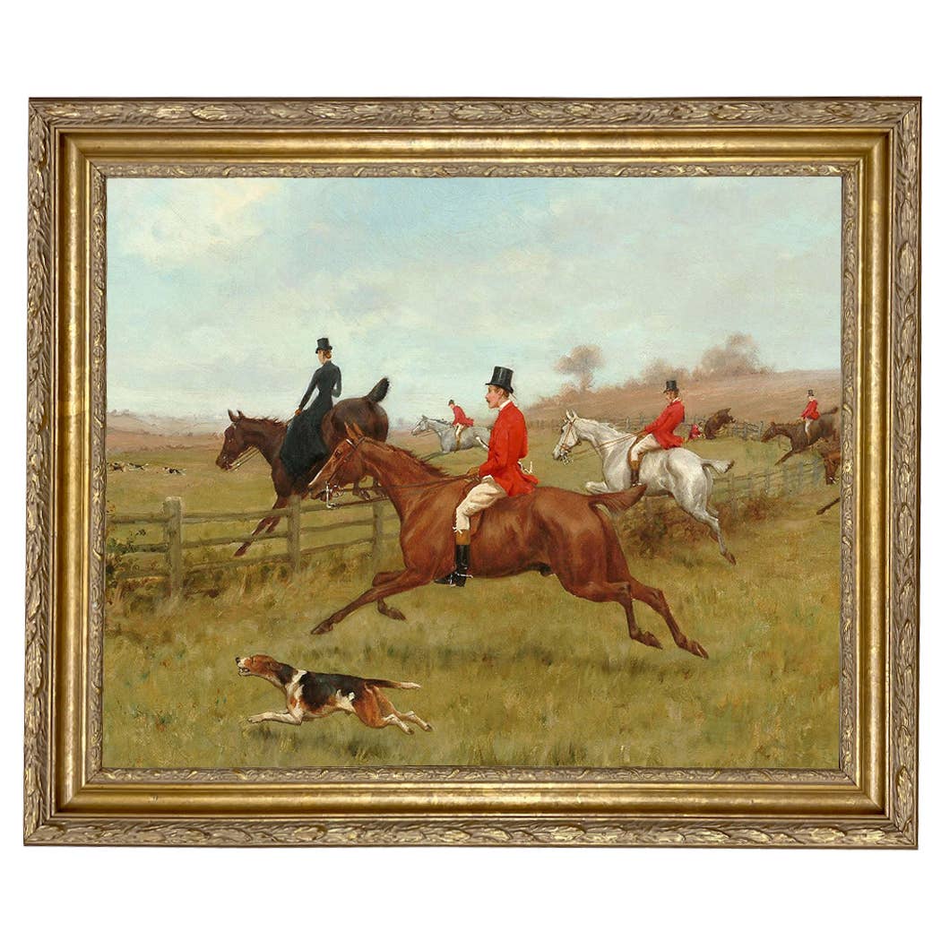 The Chase, Fox Hunting Vintage Painting Print : Antiqued Gold / 5" x 6"