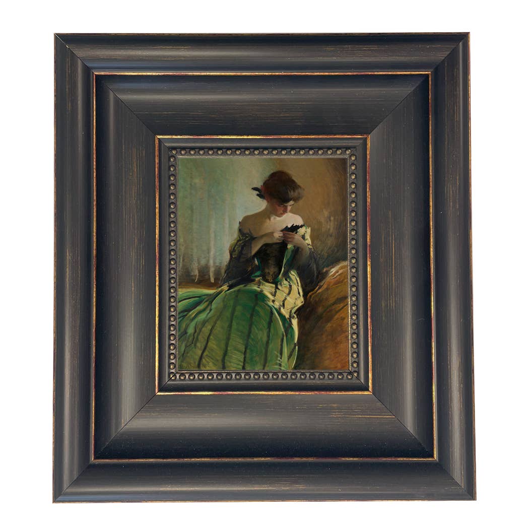 Woman in Black and Green Dress Vintage Canvas Painting Print: Ornate Antiqued Gold / 8" x 10"