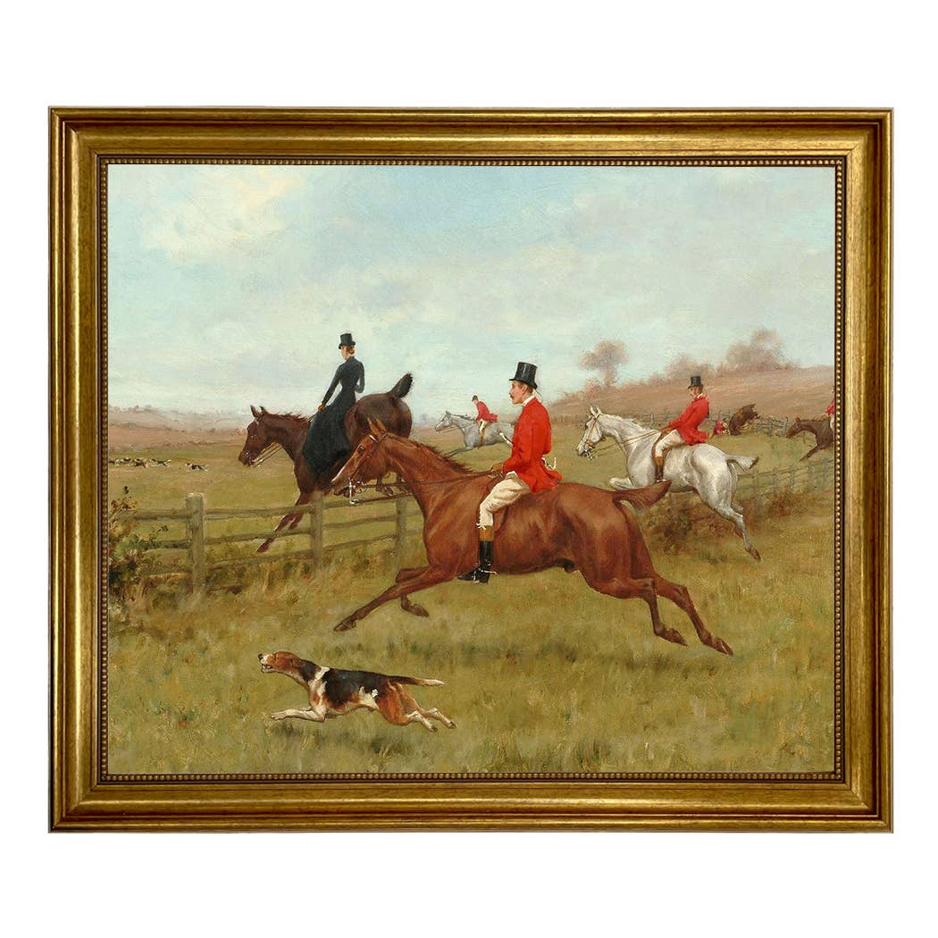 The Chase, Fox Hunting Vintage Painting Print : Antiqued Gold / 5" x 6"