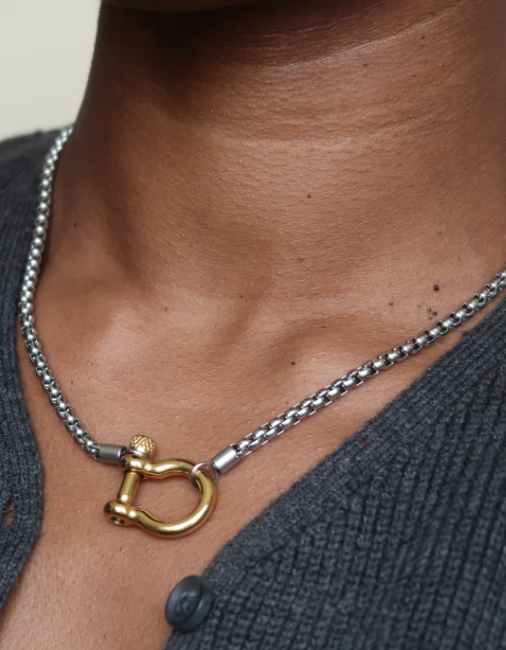 Carabiner horse Bit- Charm-Wheat Chain Stainless Necklace: Two Tone