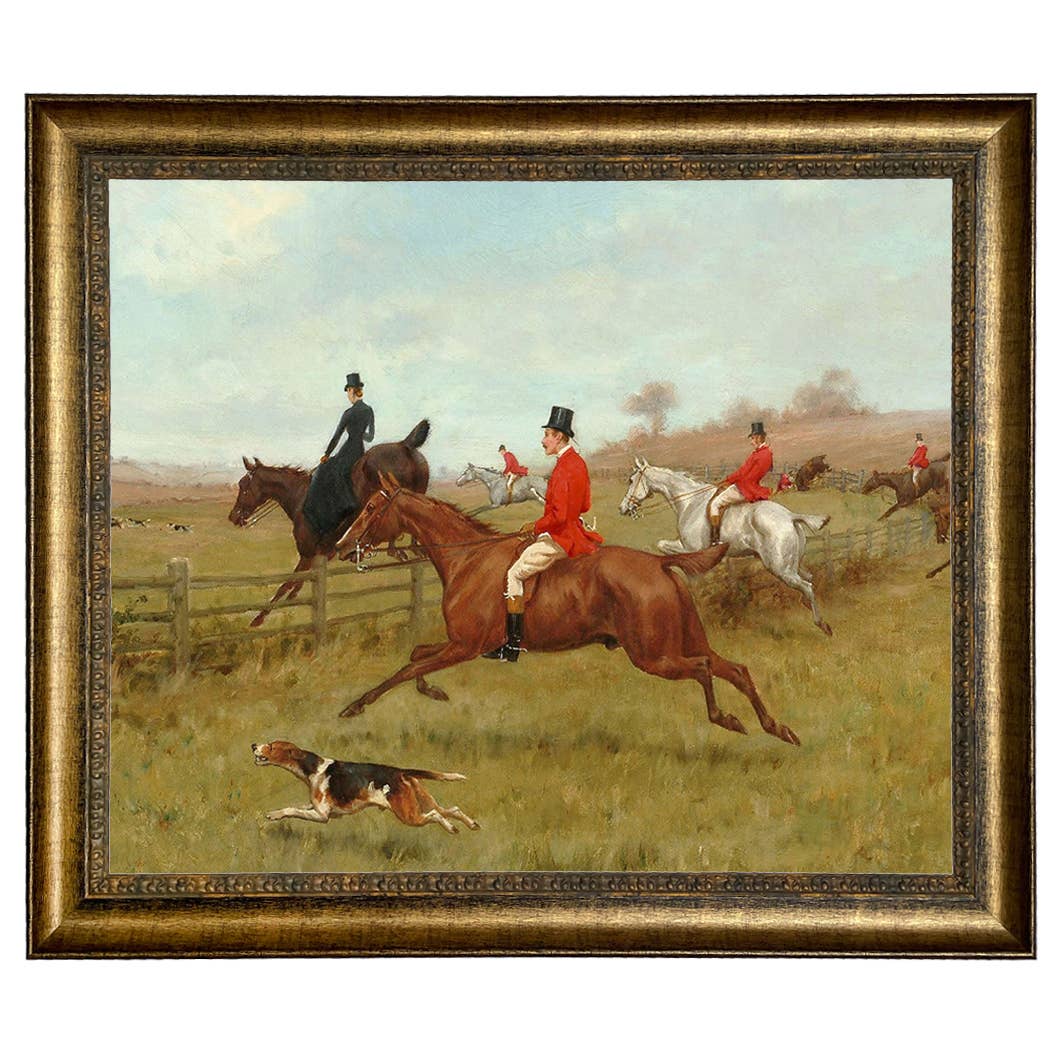 The Chase, Fox Hunting Vintage Painting Print : Antiqued Gold / 5" x 6"
