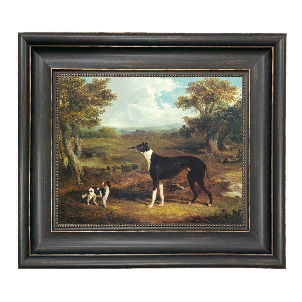 Greyhound and King Charles Spaniel Painting Print on Canvas: Wide Distressed Black/Copper-Bead / 5" x 6"