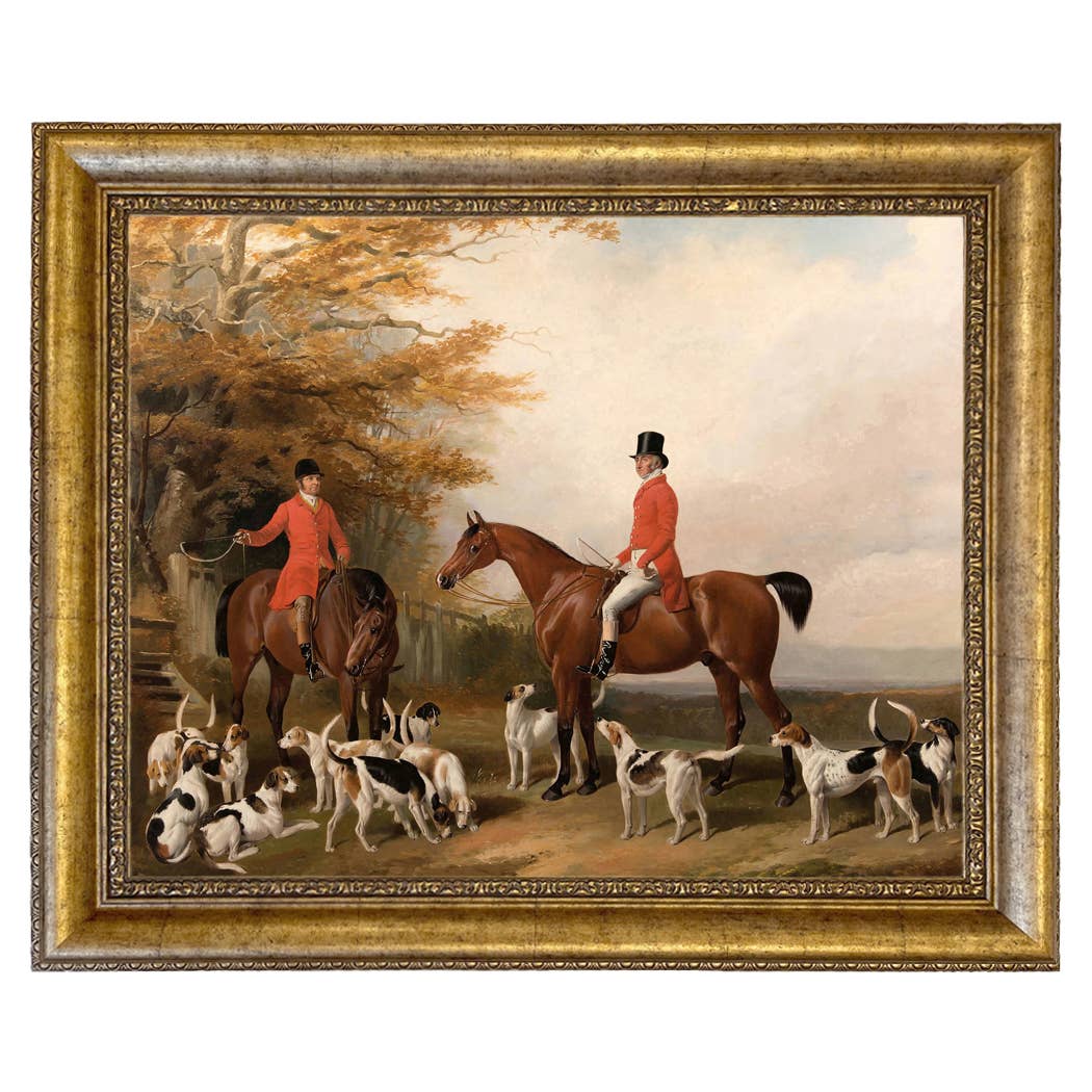 The Meeting Fox Hunt Scene Vintage Painting Print on Canvas: Gold Florentine Leaf / 8" x 10"