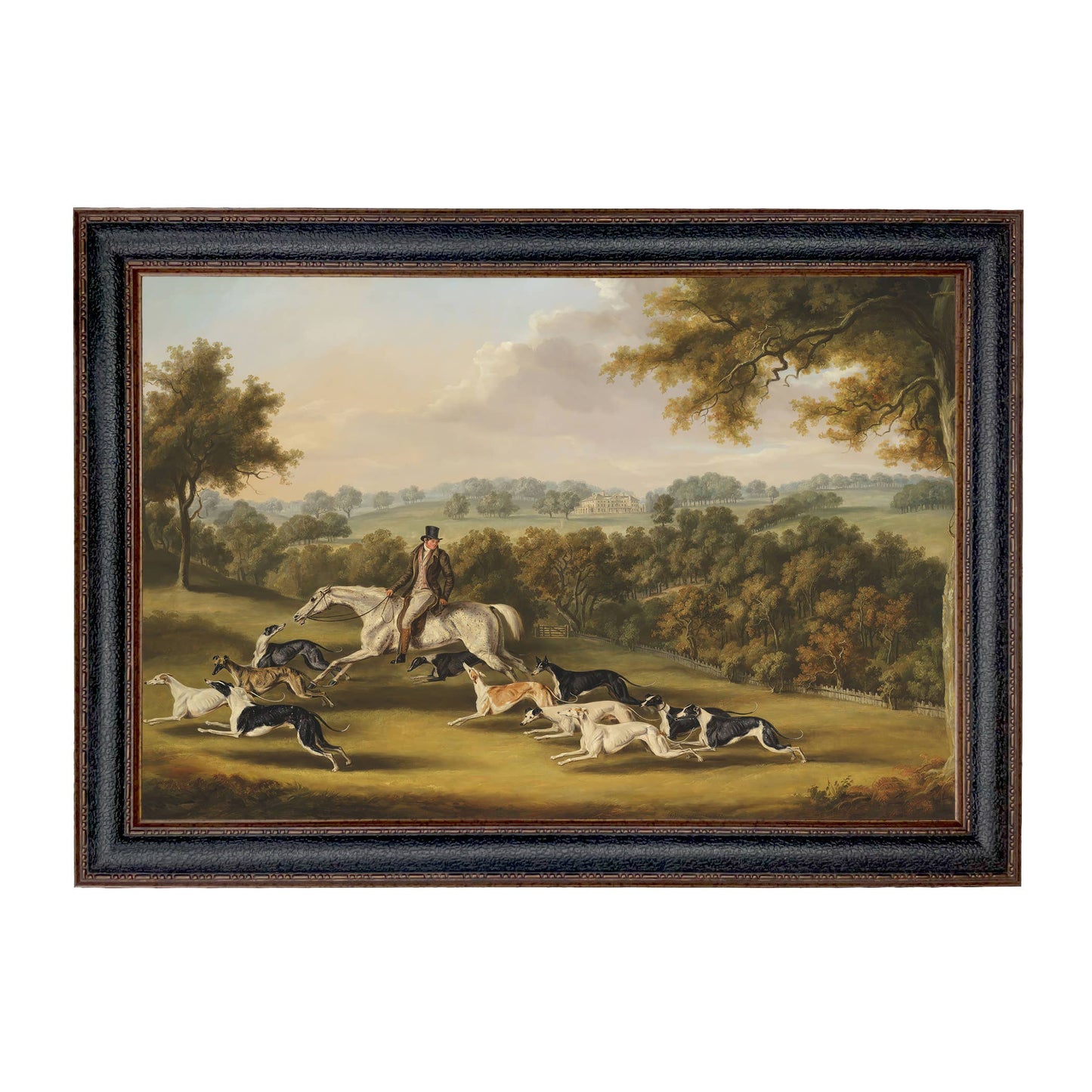 Horse & Hunter with Greyhounds by William Davis | Wall decor: Gold Florentine Leaf / 7″ x 11″