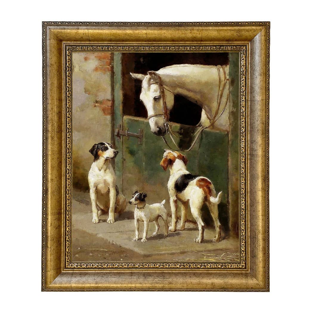 Dog and Horse at Stable Vintage Painting Print on Canvas: Leather-look Black/Antiqued Gold / 5" x 6"