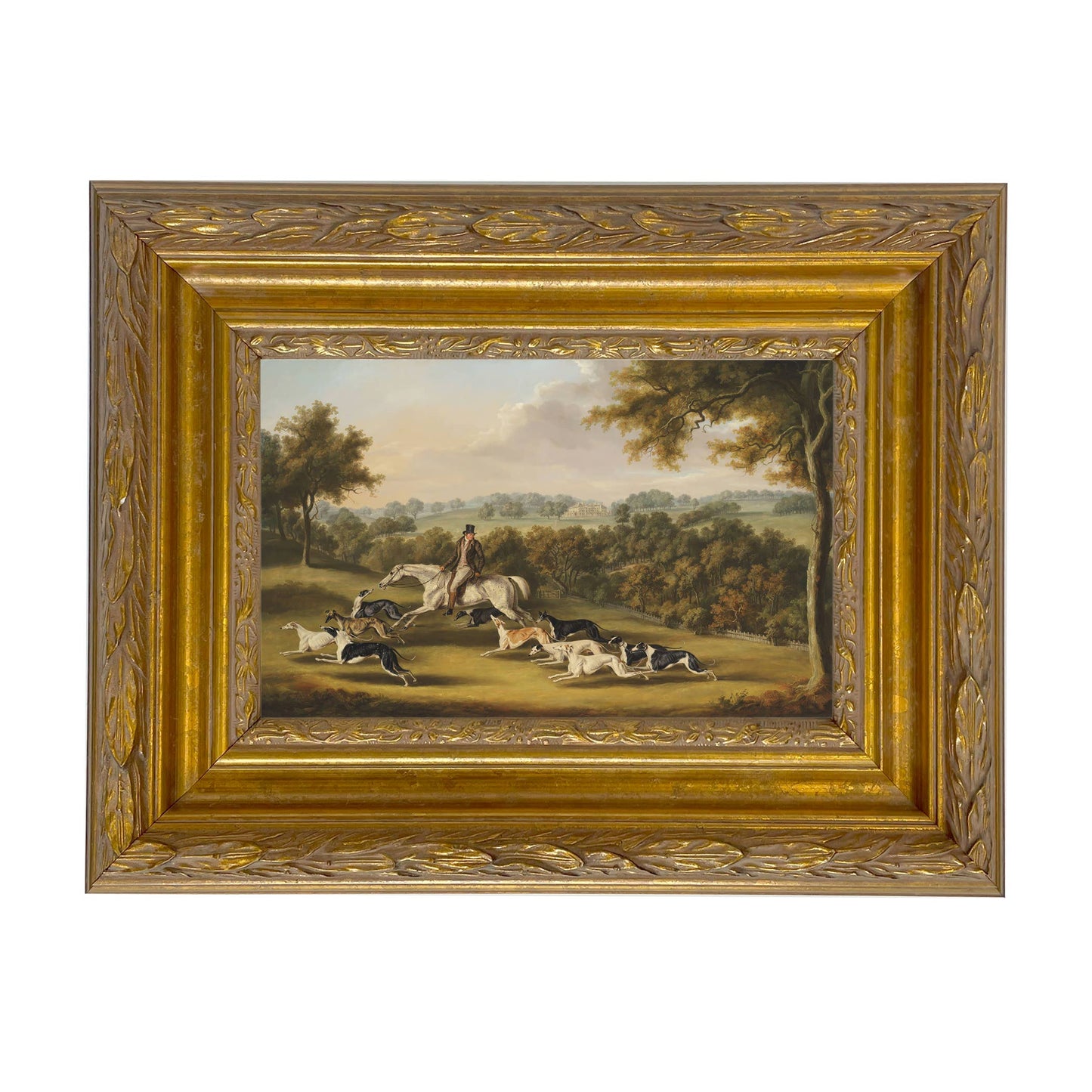 Horse & Hunter with Greyhounds by William Davis | Wall decor: Gold Florentine Leaf / 7″ x 11″