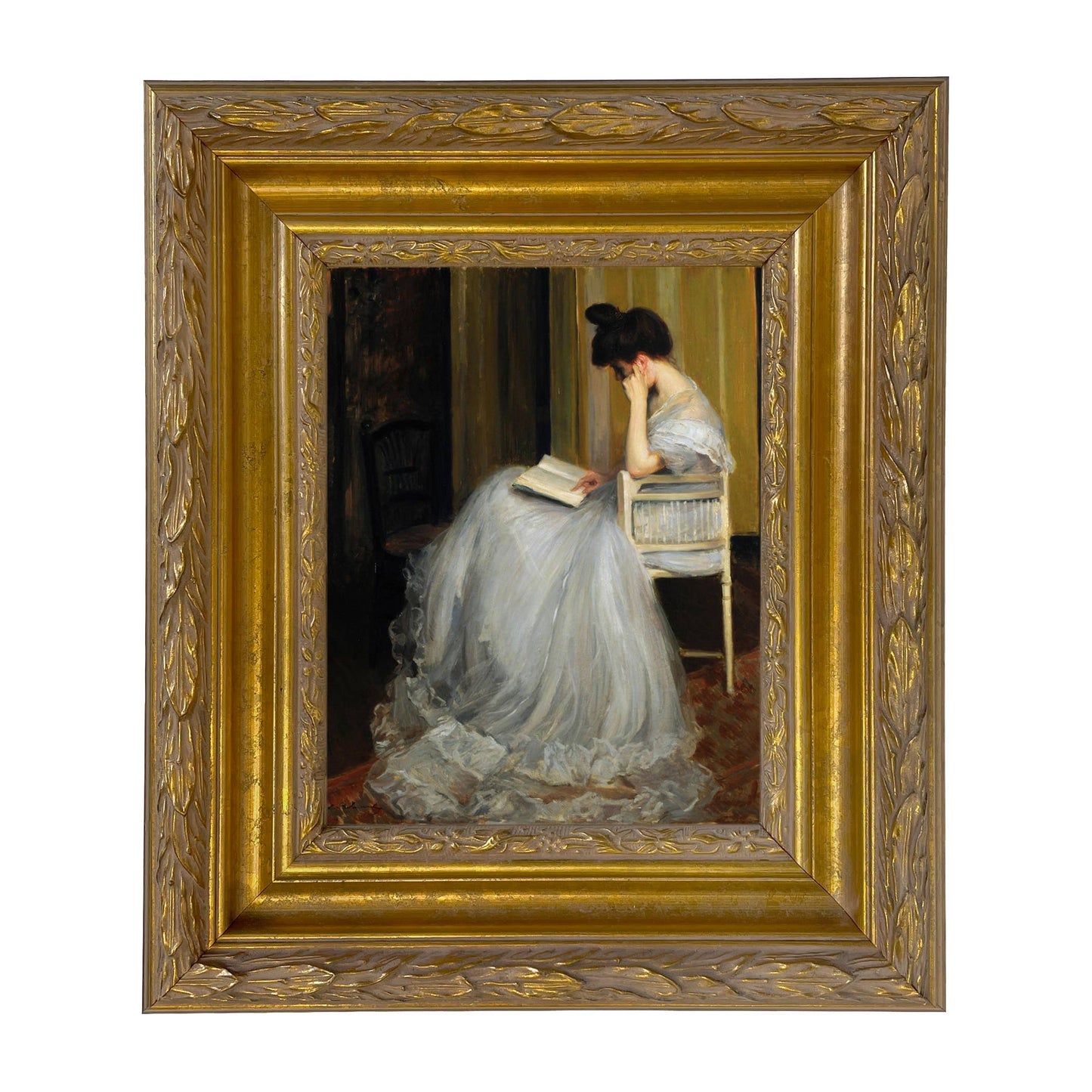 Woman Reading | Vintage Framed Painting Print on Canvas: Antiqued Gold / 5" x 6"