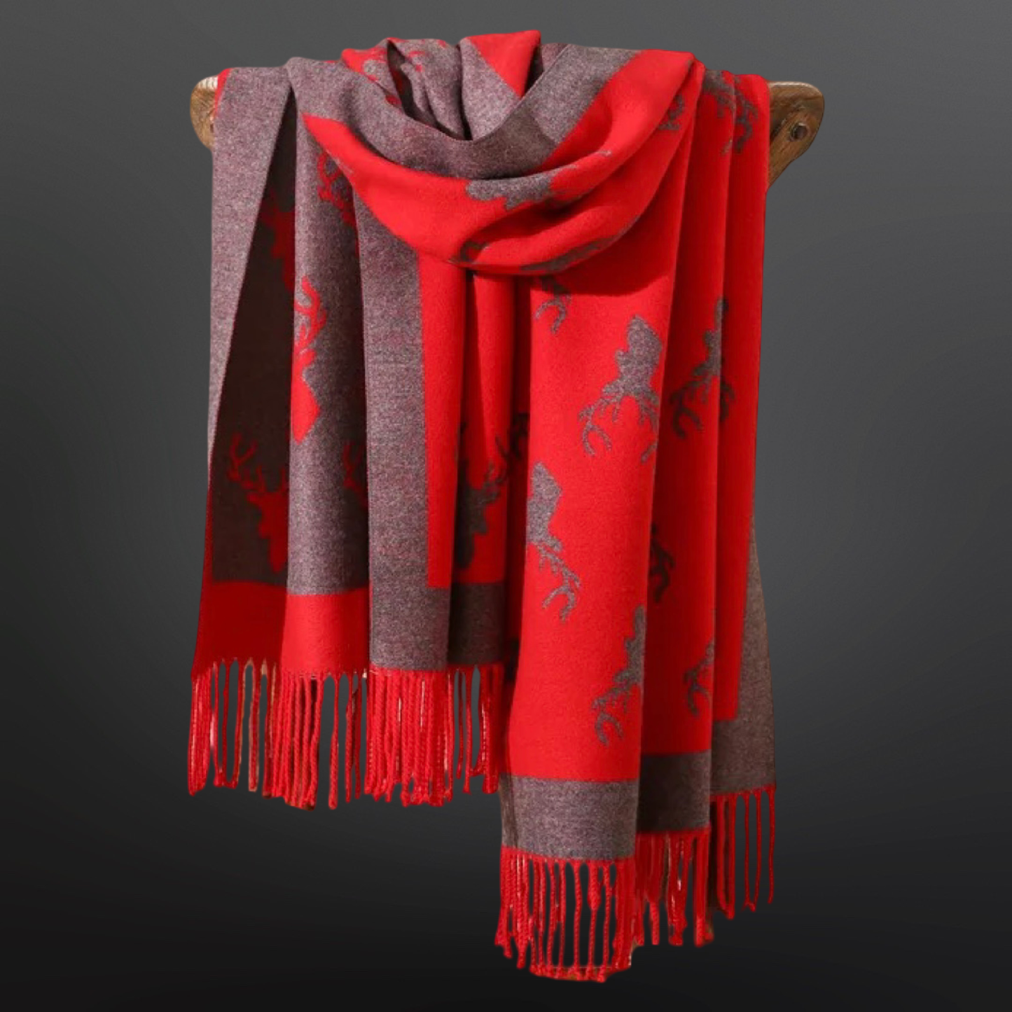 Deer Hunting Stag Head Winter Scarf LA CHASSE - Fringe: Red