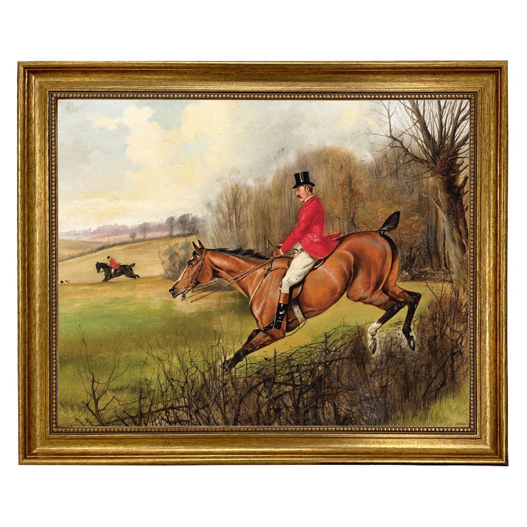 Over the Hedge Fox Hunt Scene Vintage Painting Print on Canvas: 5" x 6"