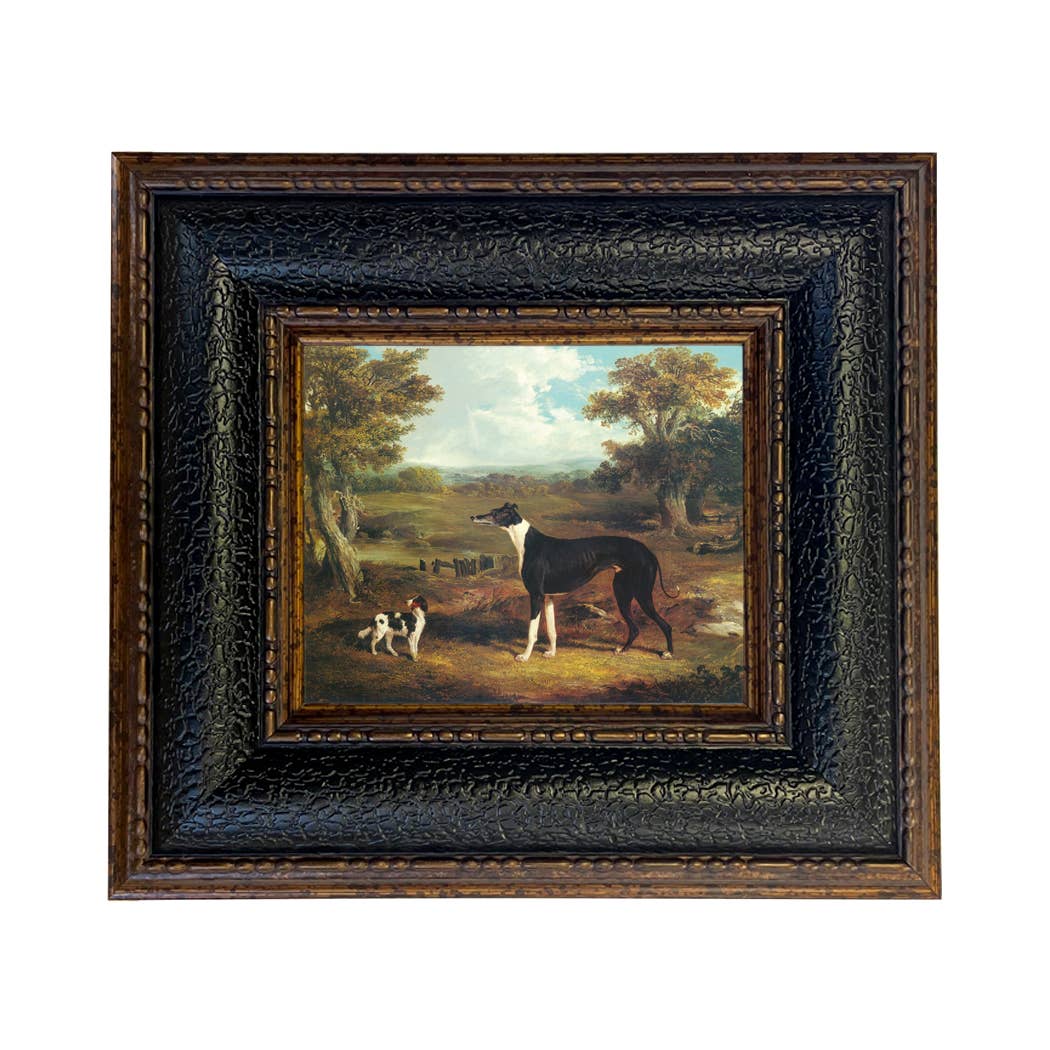 Greyhound and King Charles Spaniel Painting Print on Canvas: Wide Distressed Black/Copper-Bead / 5" x 6"