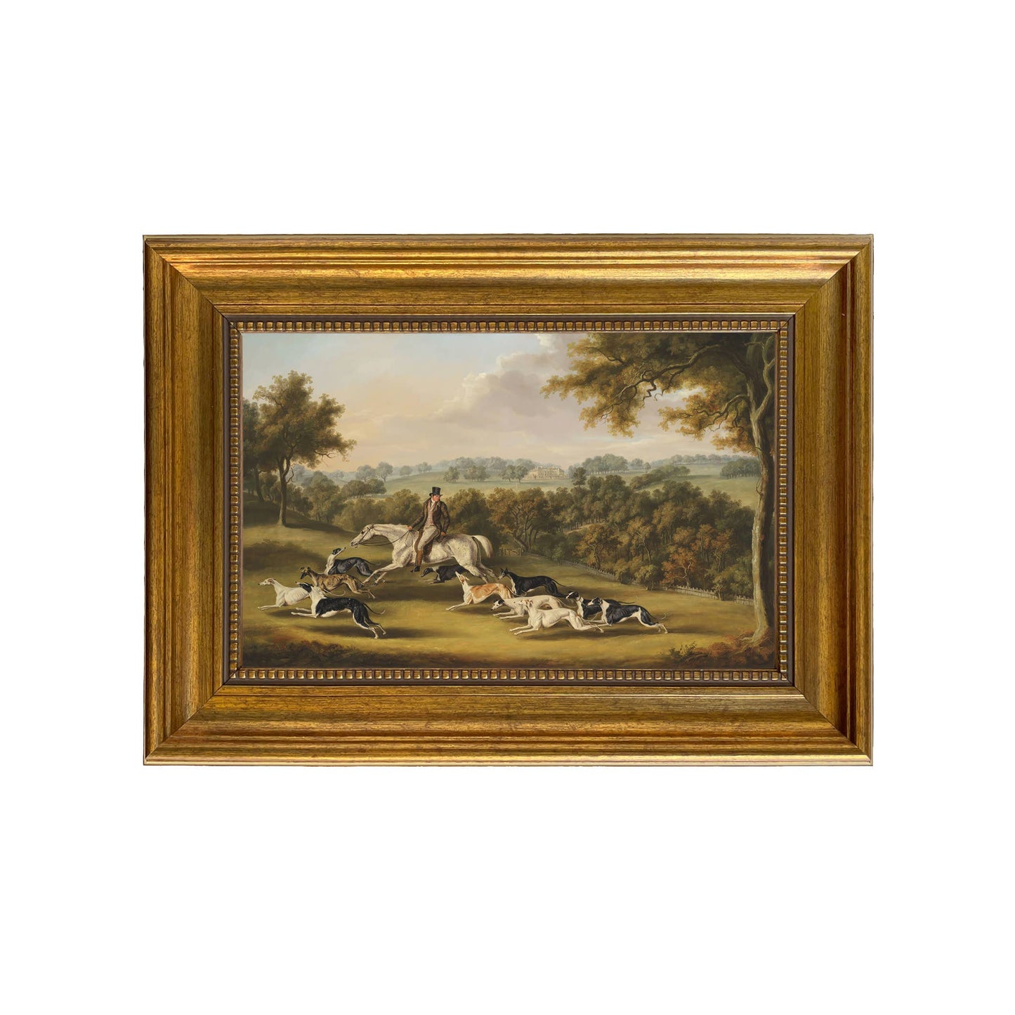 Horse & Hunter with Greyhounds by William Davis | Wall decor: Gold Florentine Leaf / 7″ x 11″