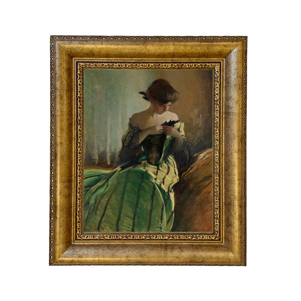 Woman in Black and Green Dress Vintage Canvas Painting Print: Ornate Antiqued Gold / 8" x 10"