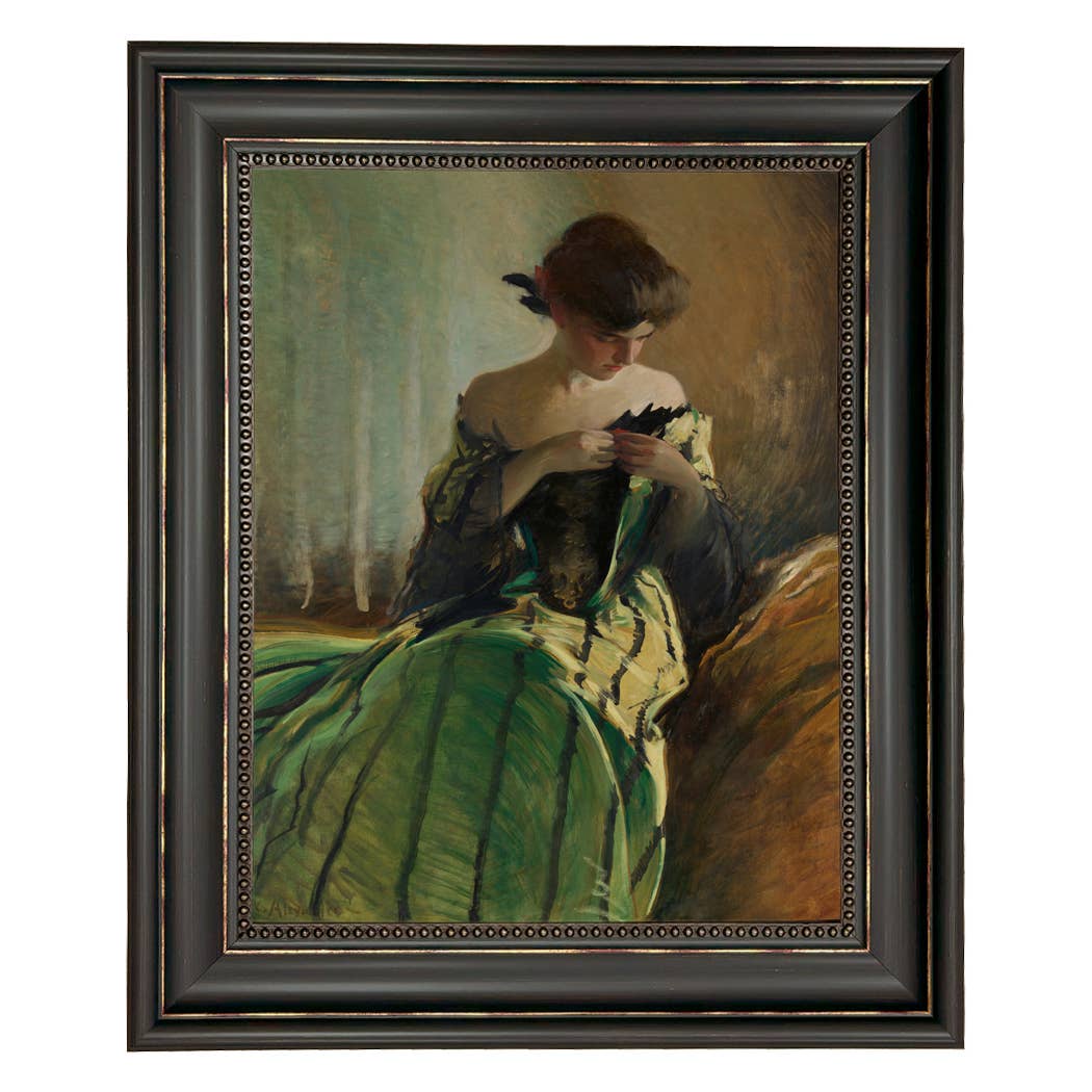 Woman in Black and Green Dress Vintage Canvas Painting Print: Ornate Antiqued Gold / 8" x 10"