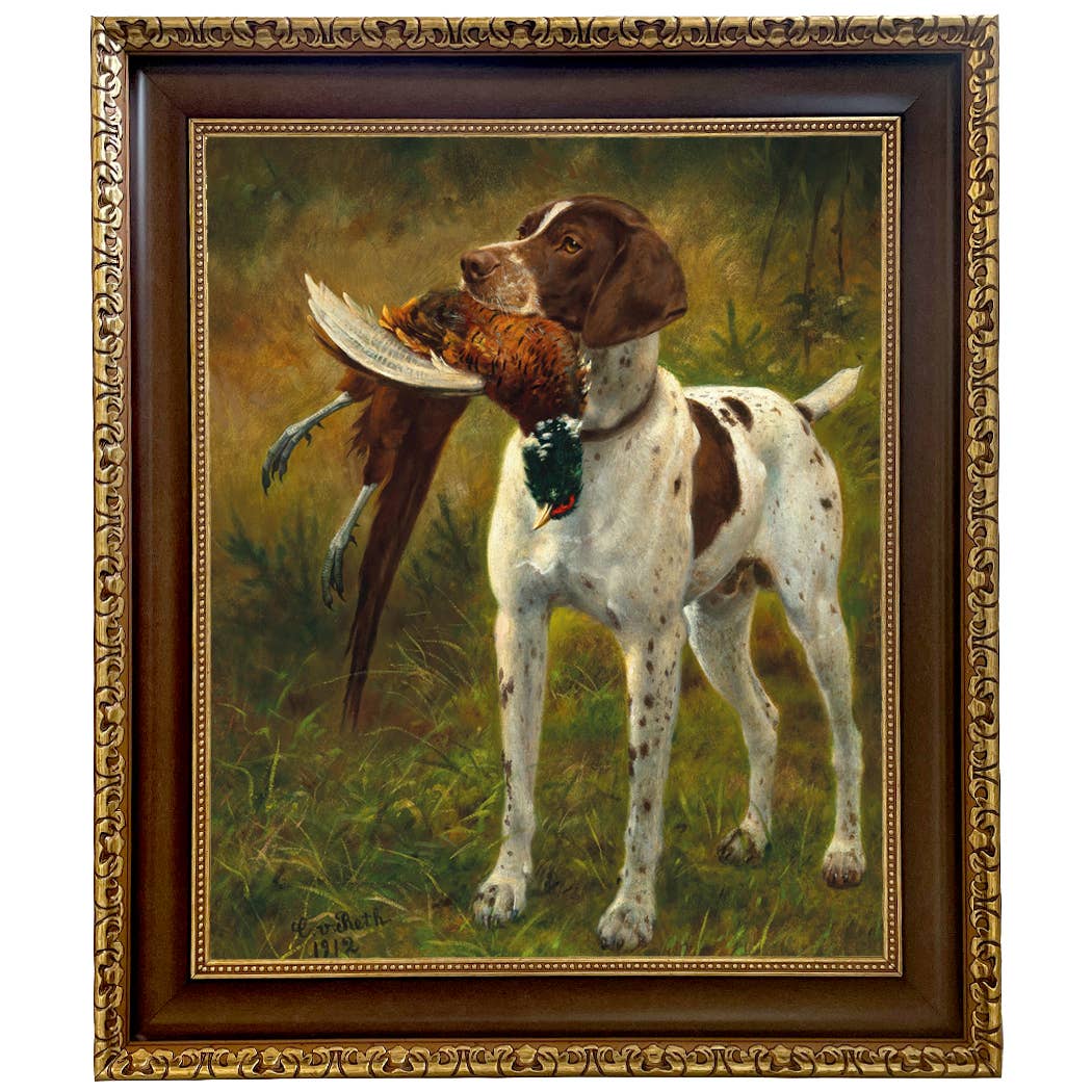 English Pointer with Pheasant Painting Print on Canvas: Distressed Black / 5" x 6"