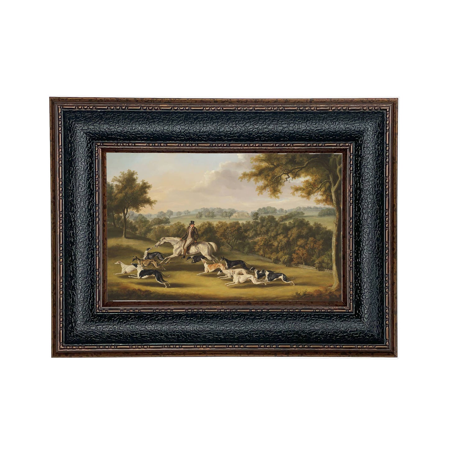 Horse & Hunter with Greyhounds by William Davis | Wall decor: Gold Florentine Leaf / 7″ x 11″