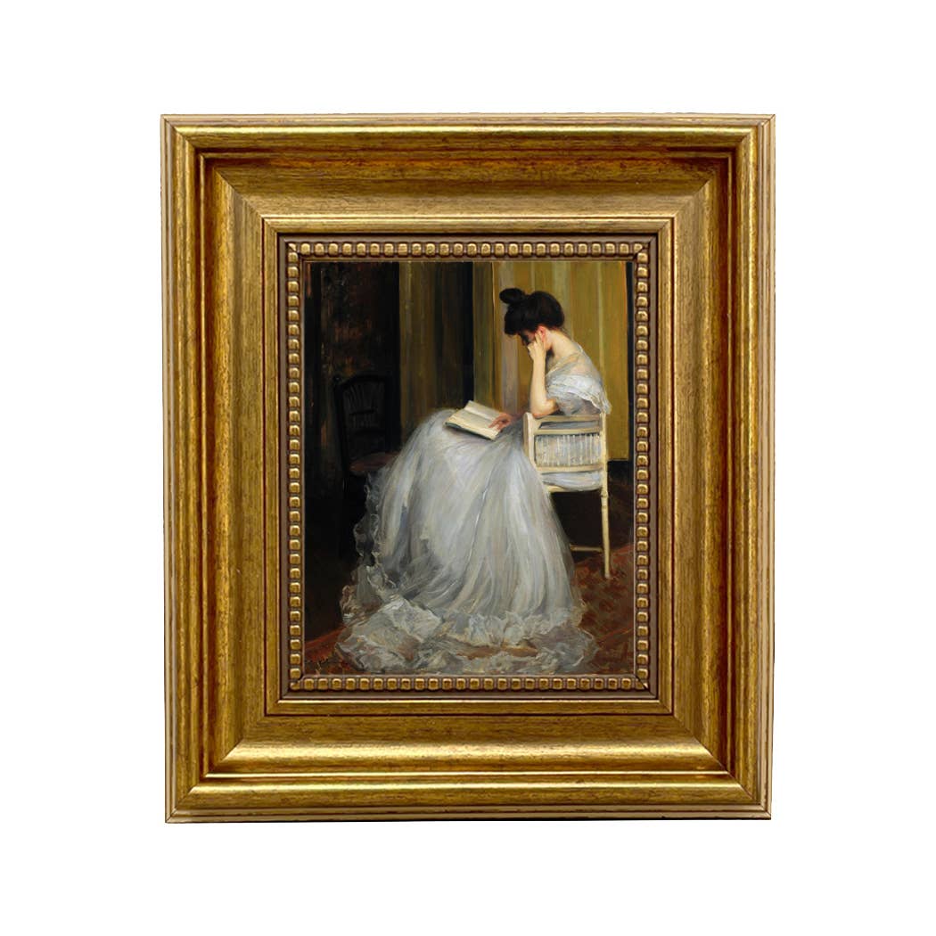 Woman Reading | Vintage Framed Painting Print on Canvas: Antiqued Gold / 5" x 6"