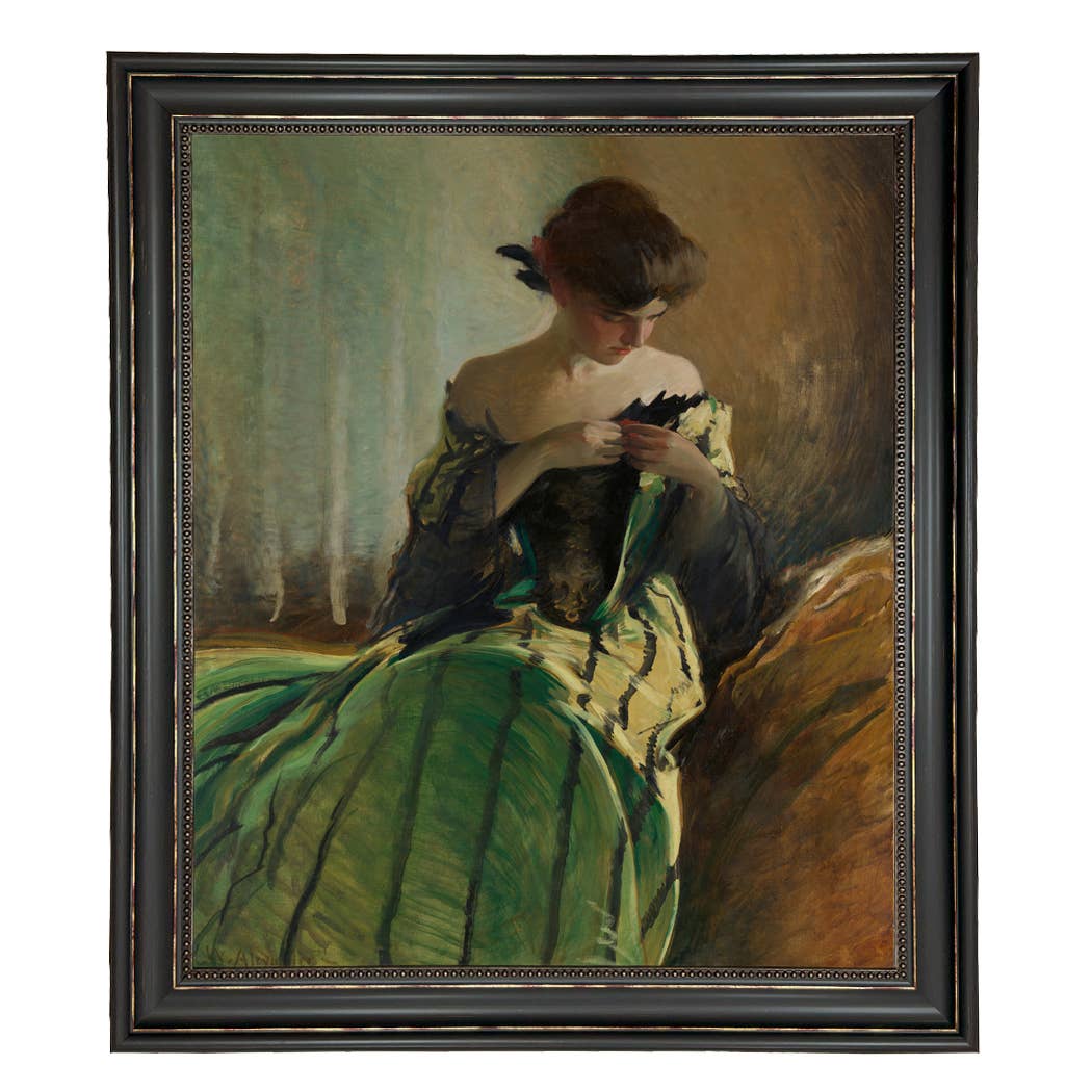 Woman in Black and Green Dress Vintage Canvas Painting Print: Ornate Antiqued Gold / 8" x 10"