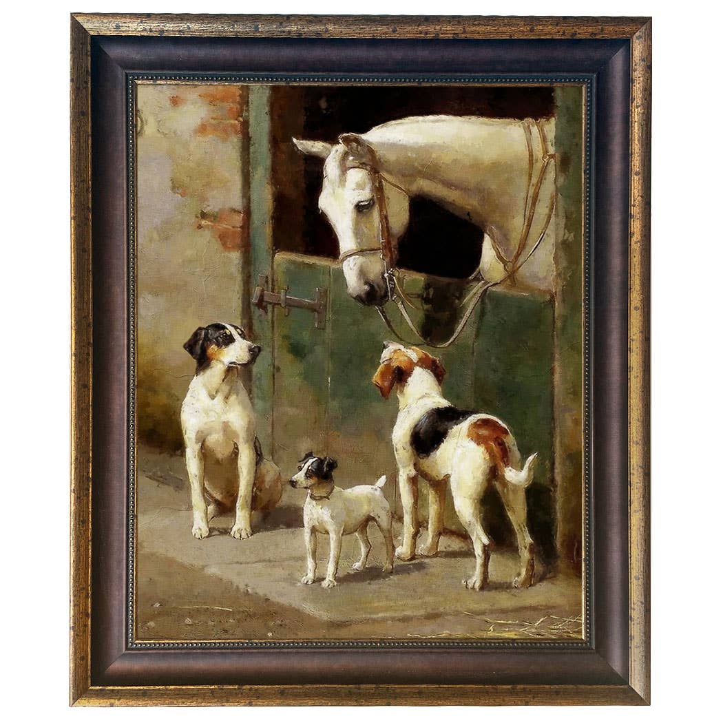 Dog and Horse at Stable Vintage Painting Print on Canvas: Leather-look Black/Antiqued Gold / 5" x 6"