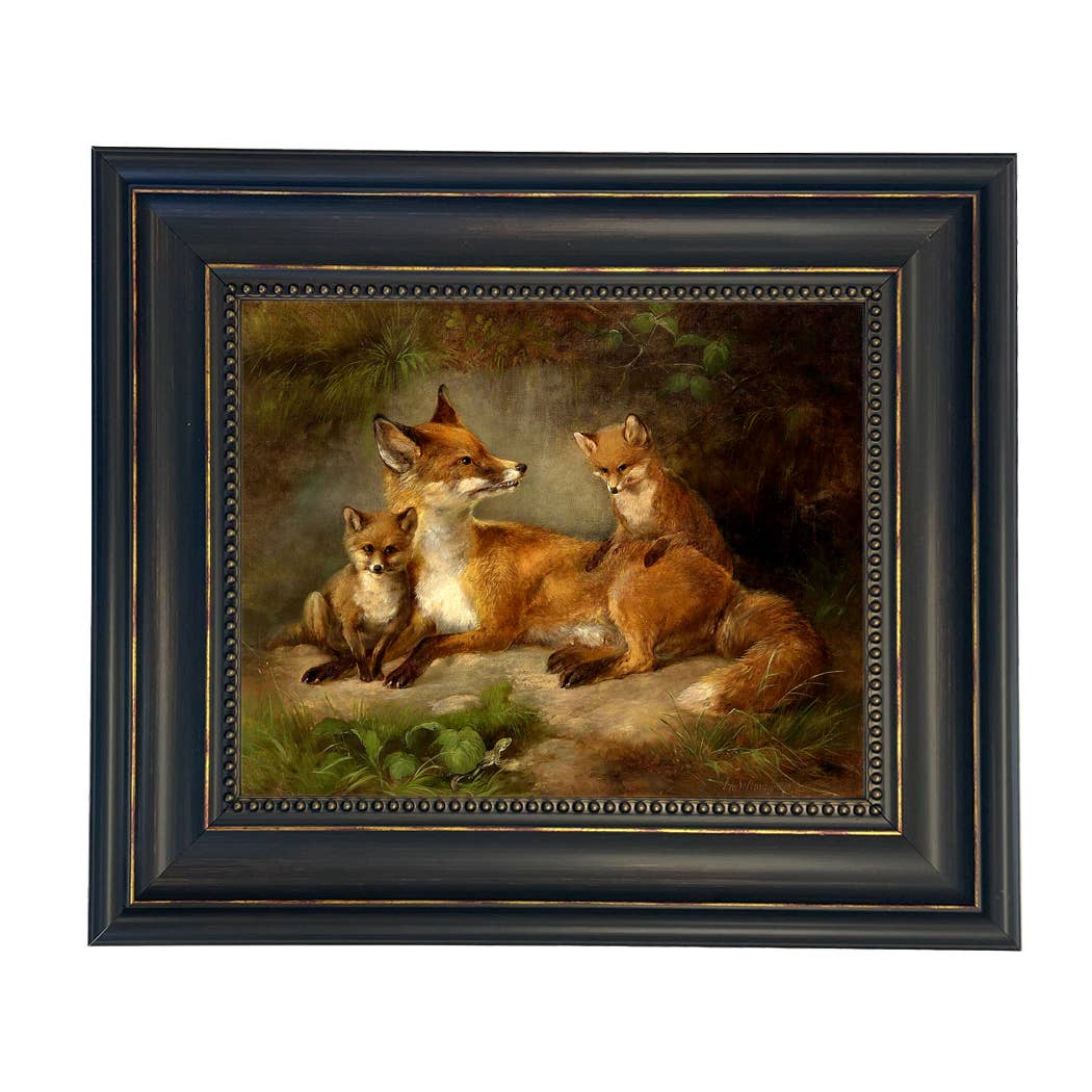 Family of Foxes Vintage Painting Print on Canvas Wall Art: Gold Florentine Leaf / 5" x 6"