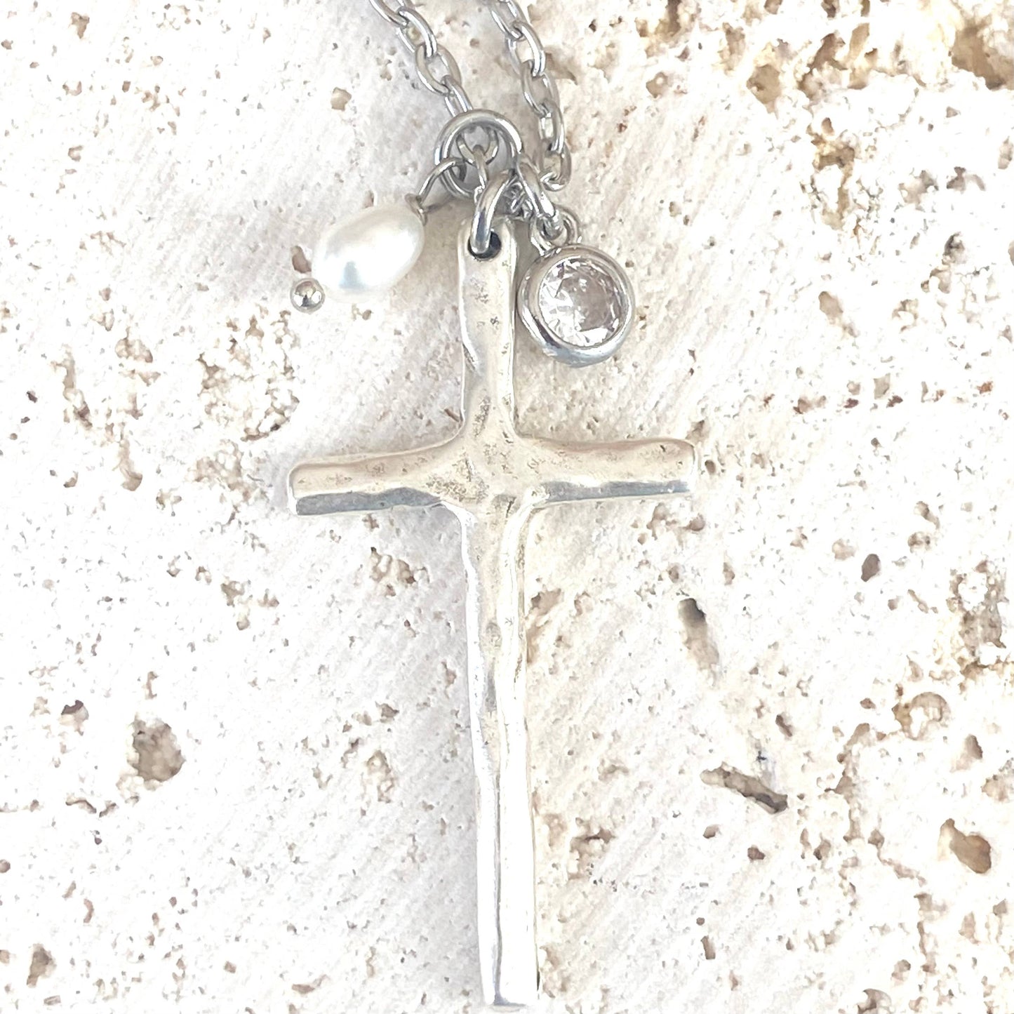 Cross necklace religious jewelry rustic pearl non tarnishing: Silver