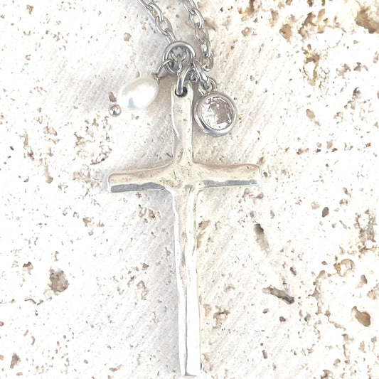 Cross necklace religious jewelry rustic pearl non tarnishing: Silver