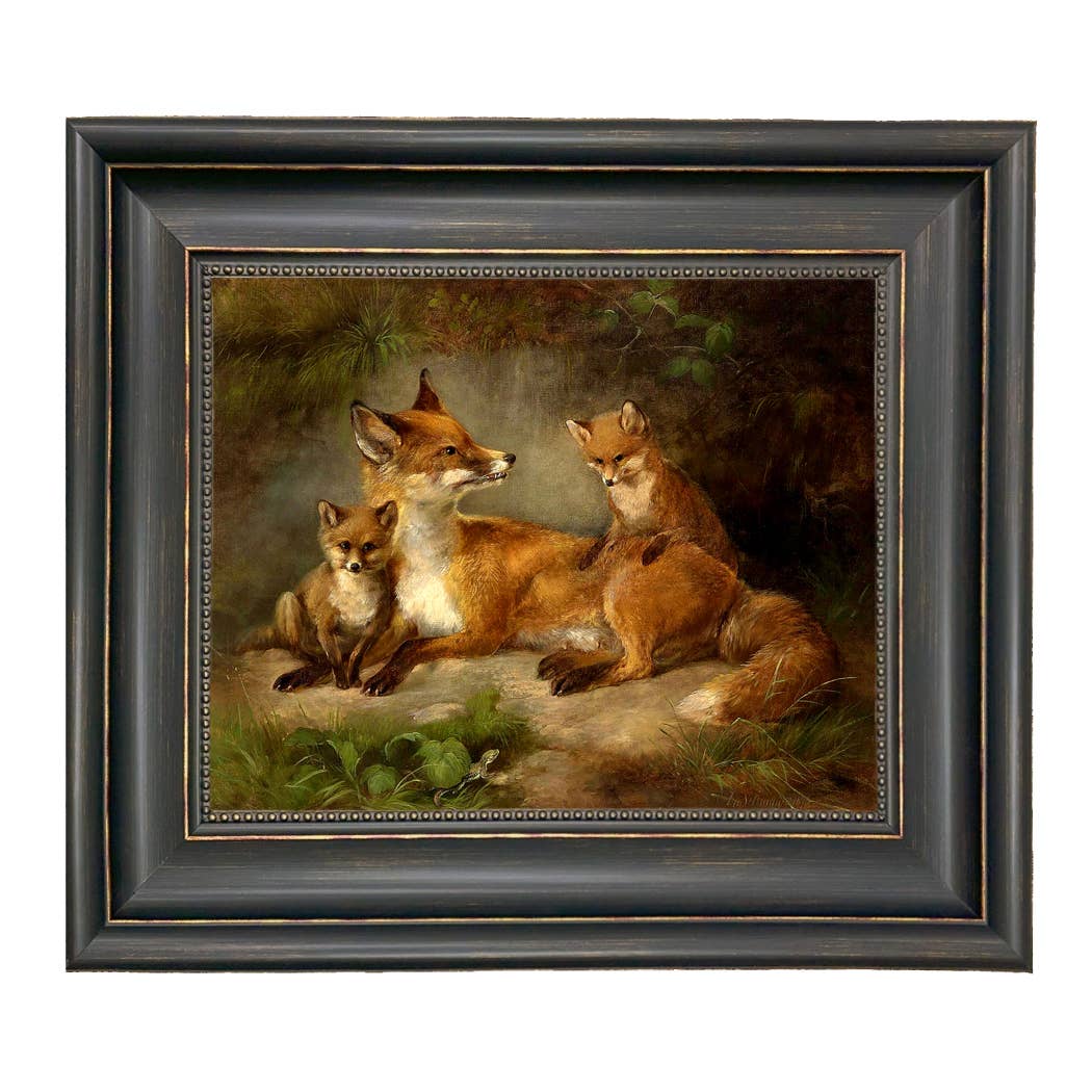 Family of Foxes Vintage Painting Print on Canvas Wall Art: Gold Florentine Leaf / 5" x 6"