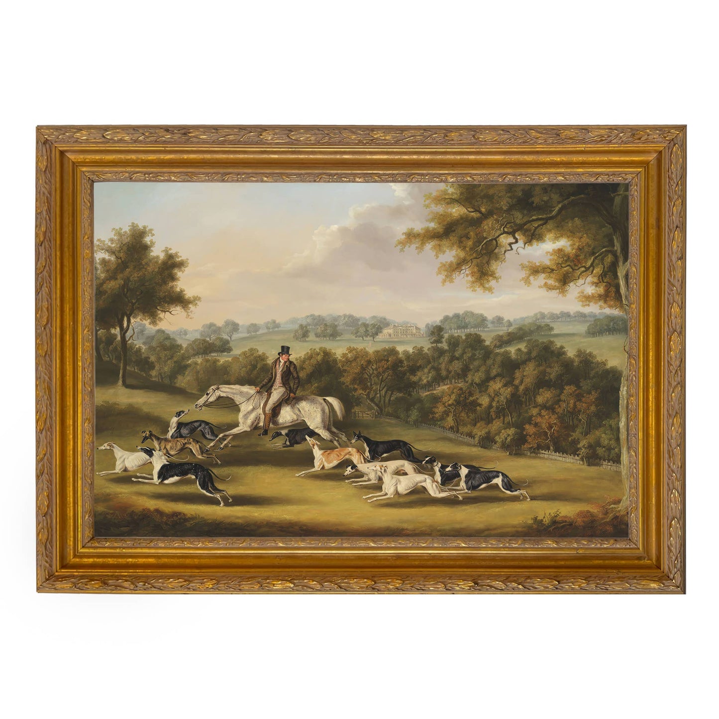 Horse & Hunter with Greyhounds by William Davis | Wall decor: Gold Florentine Leaf / 7″ x 11″