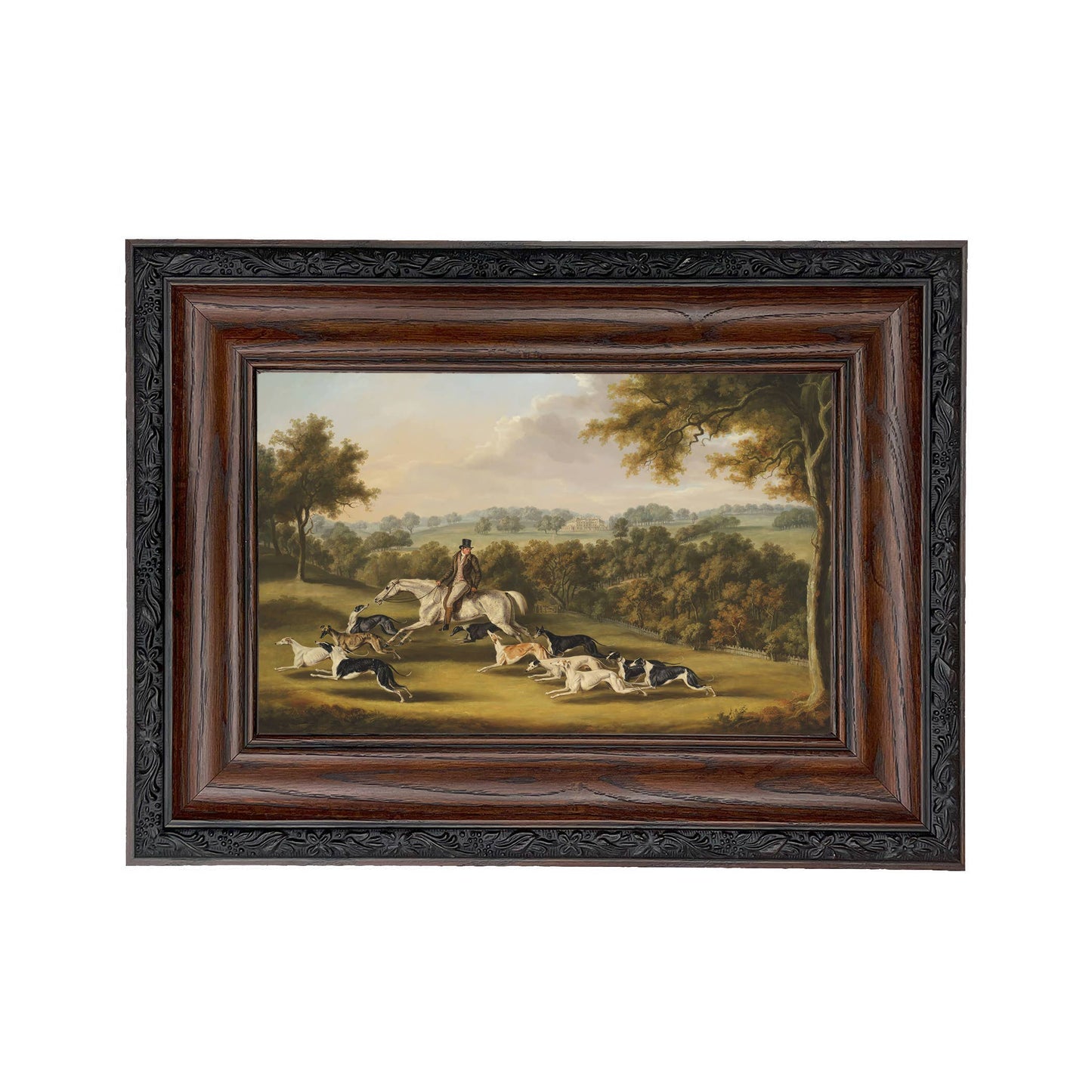 Horse & Hunter with Greyhounds by William Davis | Wall decor: Gold Florentine Leaf / 7″ x 11″