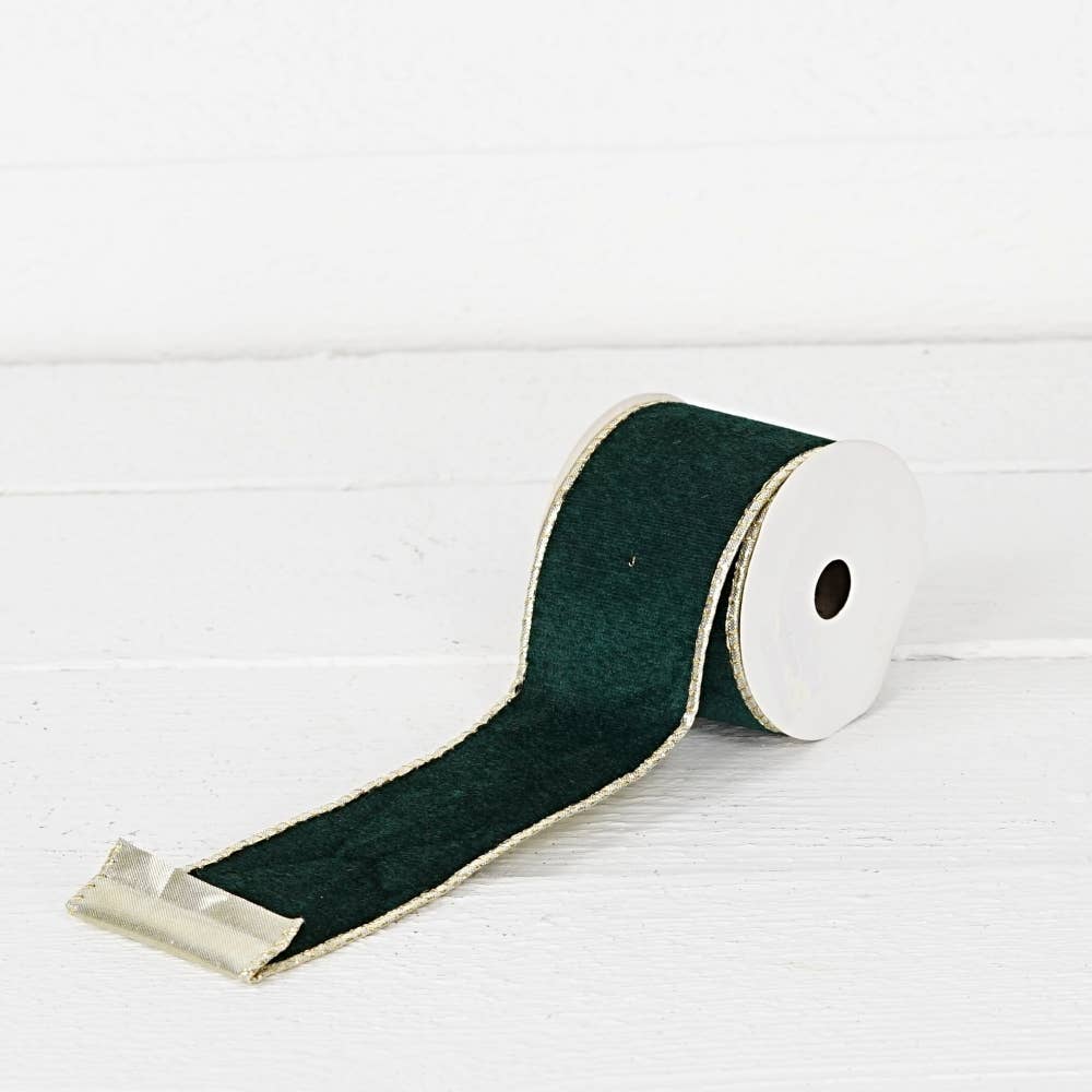 R32947-Wired Ribbon-Green hard velvet w. Gold Back (2.5inW)