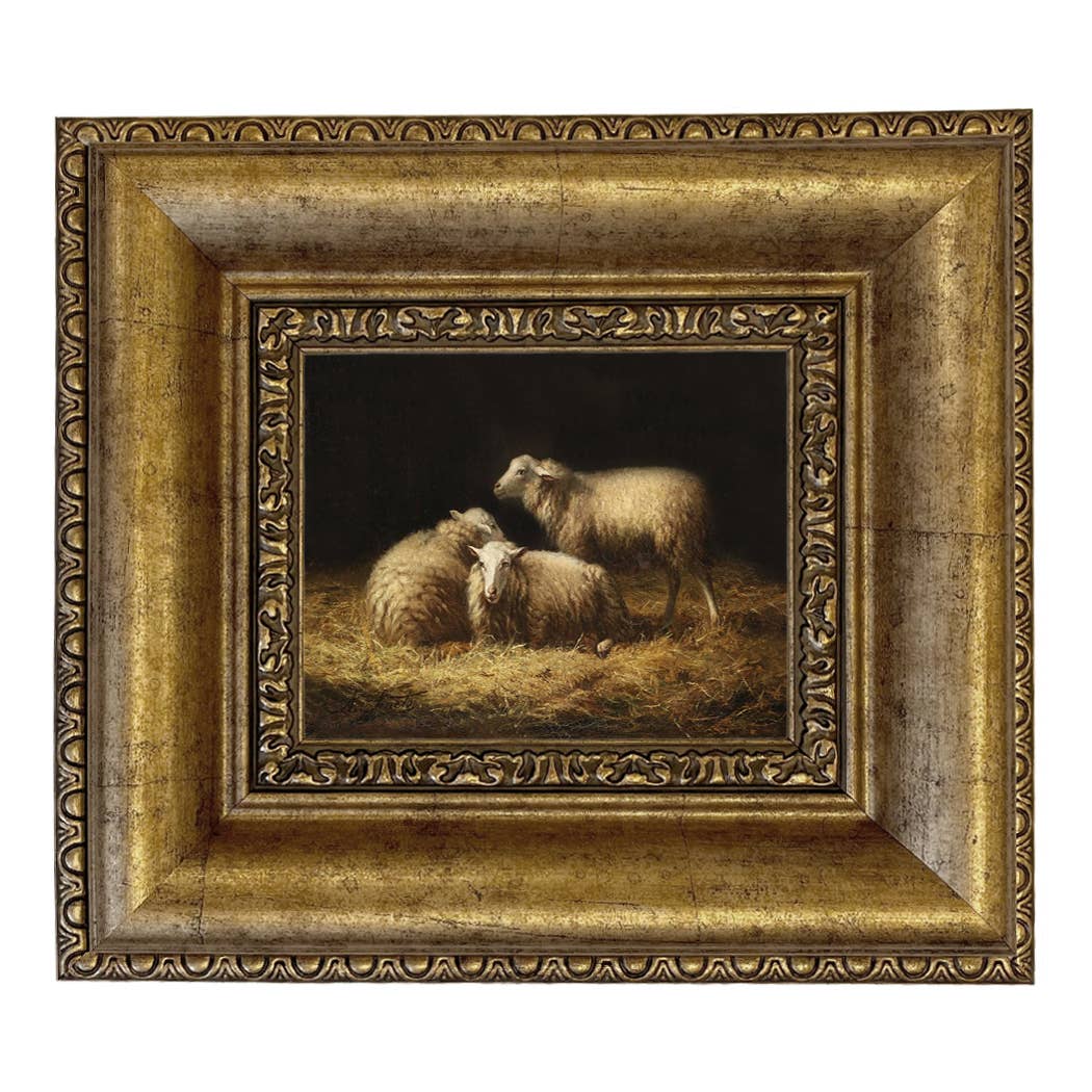 Sheep in the Hay Framed Painting Print on Canvas: Black Distressed / 5" x 6"
