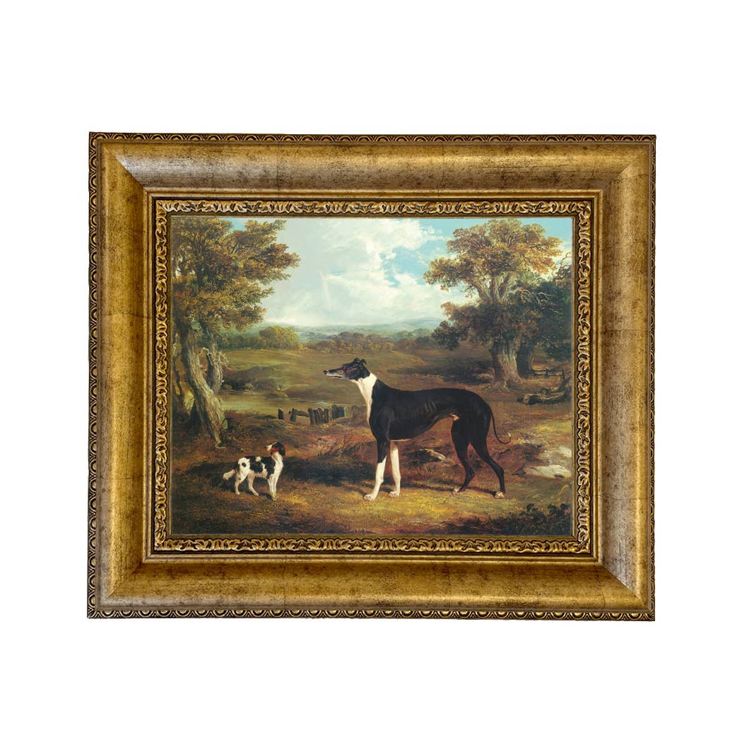 Greyhound and King Charles Spaniel Painting Print on Canvas: Wide Distressed Black/Copper-Bead / 5" x 6"