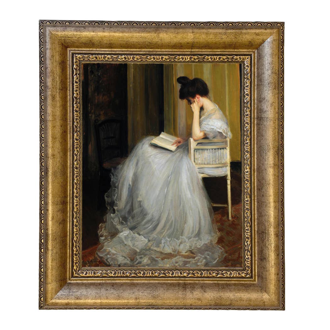 Woman Reading | Vintage Framed Painting Print on Canvas: Antiqued Gold / 5" x 6"