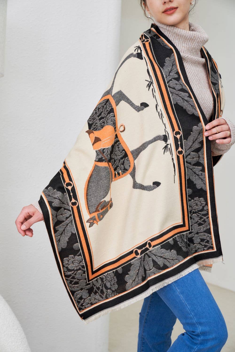 AWST Int'l Baroque Horses Acrylic Cashmere Scarf: Black